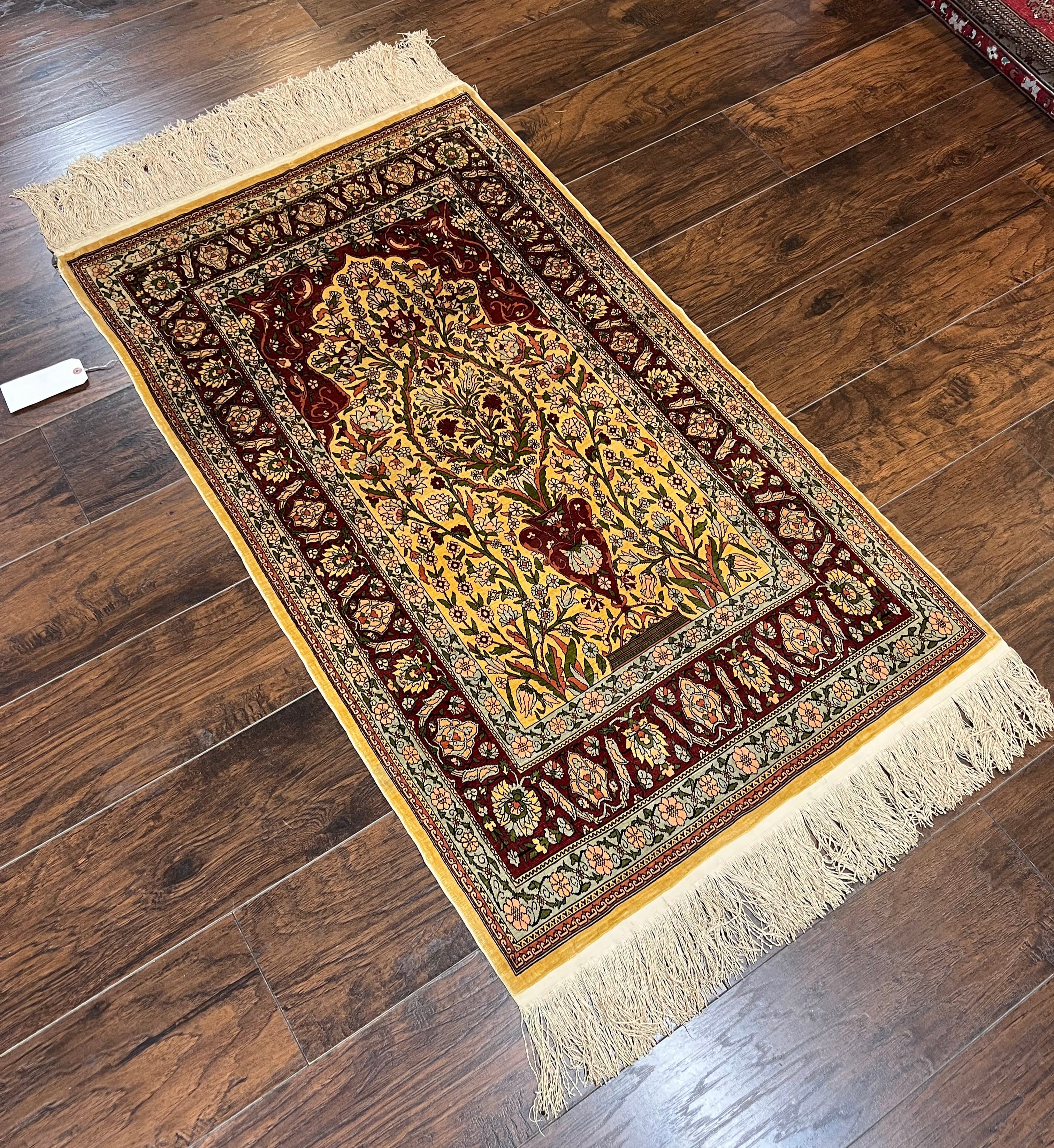 Wonderful Silk Turkish Hereke Prayer Rug 2.8 x 4.5, Tree of Life Design, Signature from Master Weaver, Gold and Burgundy, Handmade, 625 KPSI - Jewel Rugs