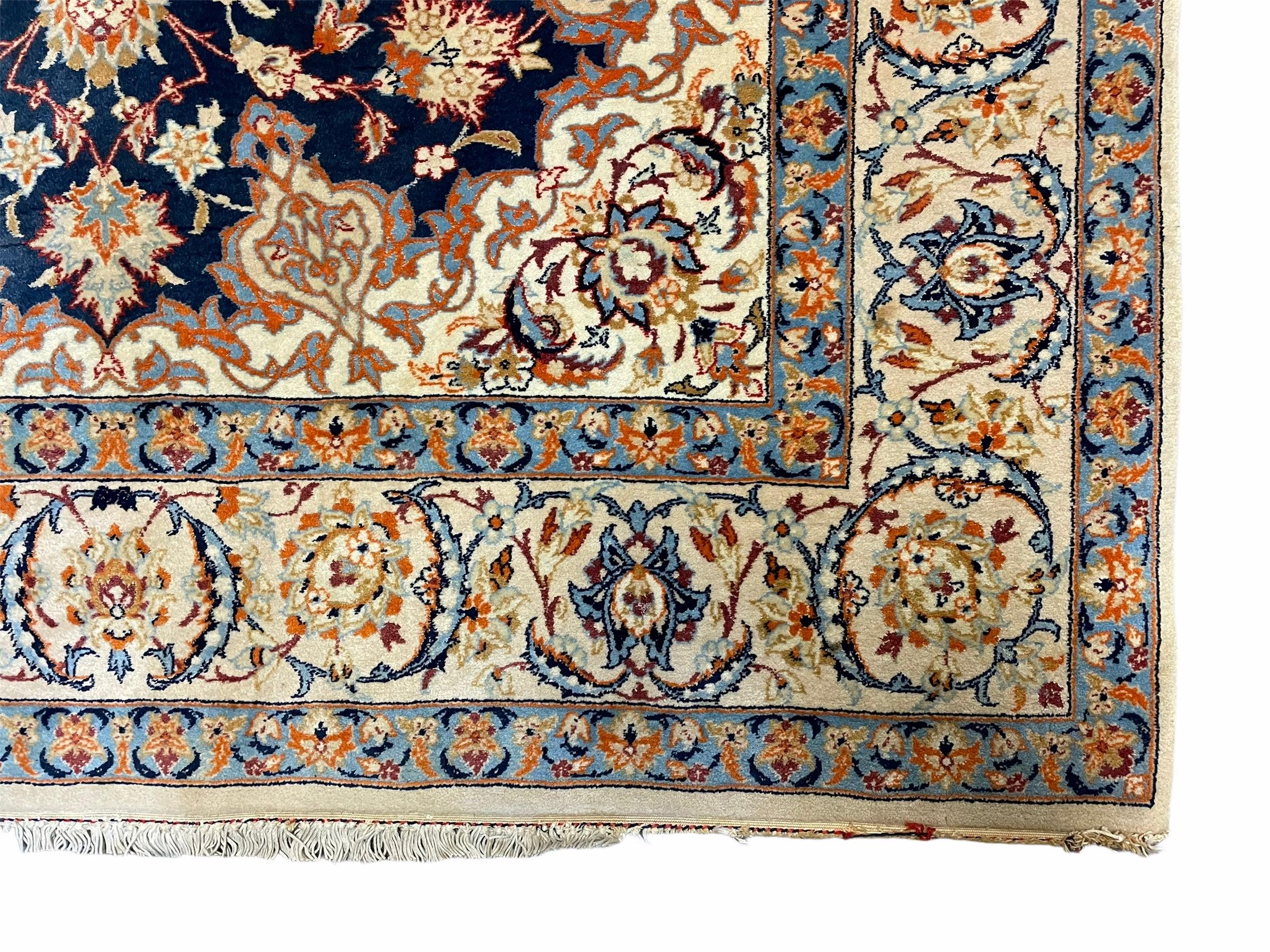 Persian Isfahan Rug 4x5, Navy Blue & Ivory, Wool and Silk Highlights - Jewel Rugs