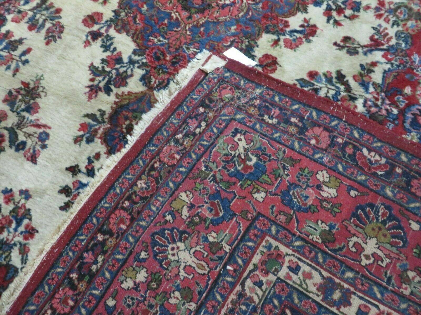9x12 Persian Sarouk Rug - Semi Open Field Medallion Rug - Ivory Red Blue Hand Knotted Wool Oriental Carpet 9 x 12 Antique Rug - Vegetable Dyes - Jewel Rugs