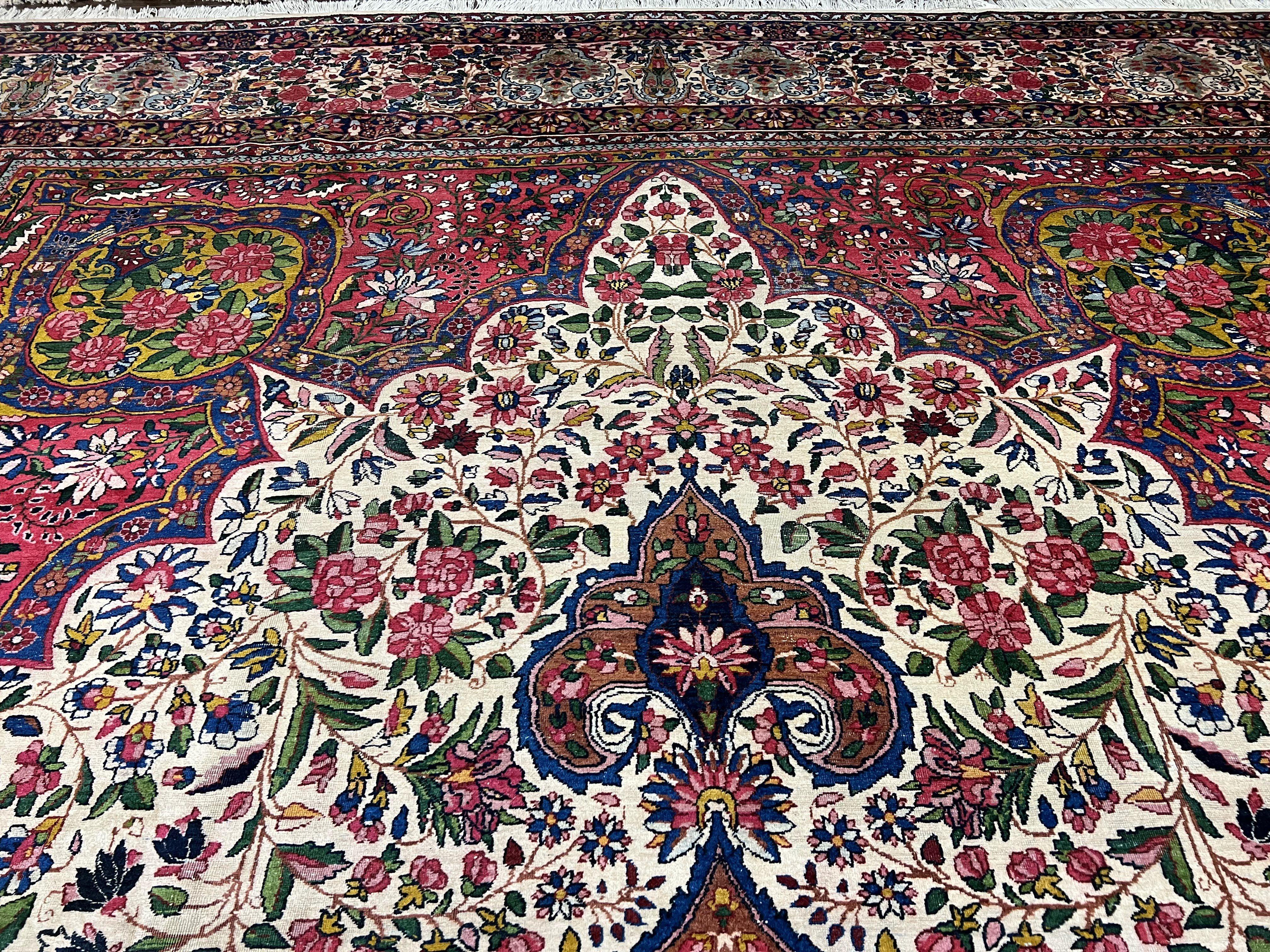 Spectacular Antique Persian Rug 12x19, Oversized Carpet 12 x 19, Palace Sized Hand Knotted Wool Rug, Floral Medallion, Kirman Lavar, Ivory Red - Jewel Rugs
