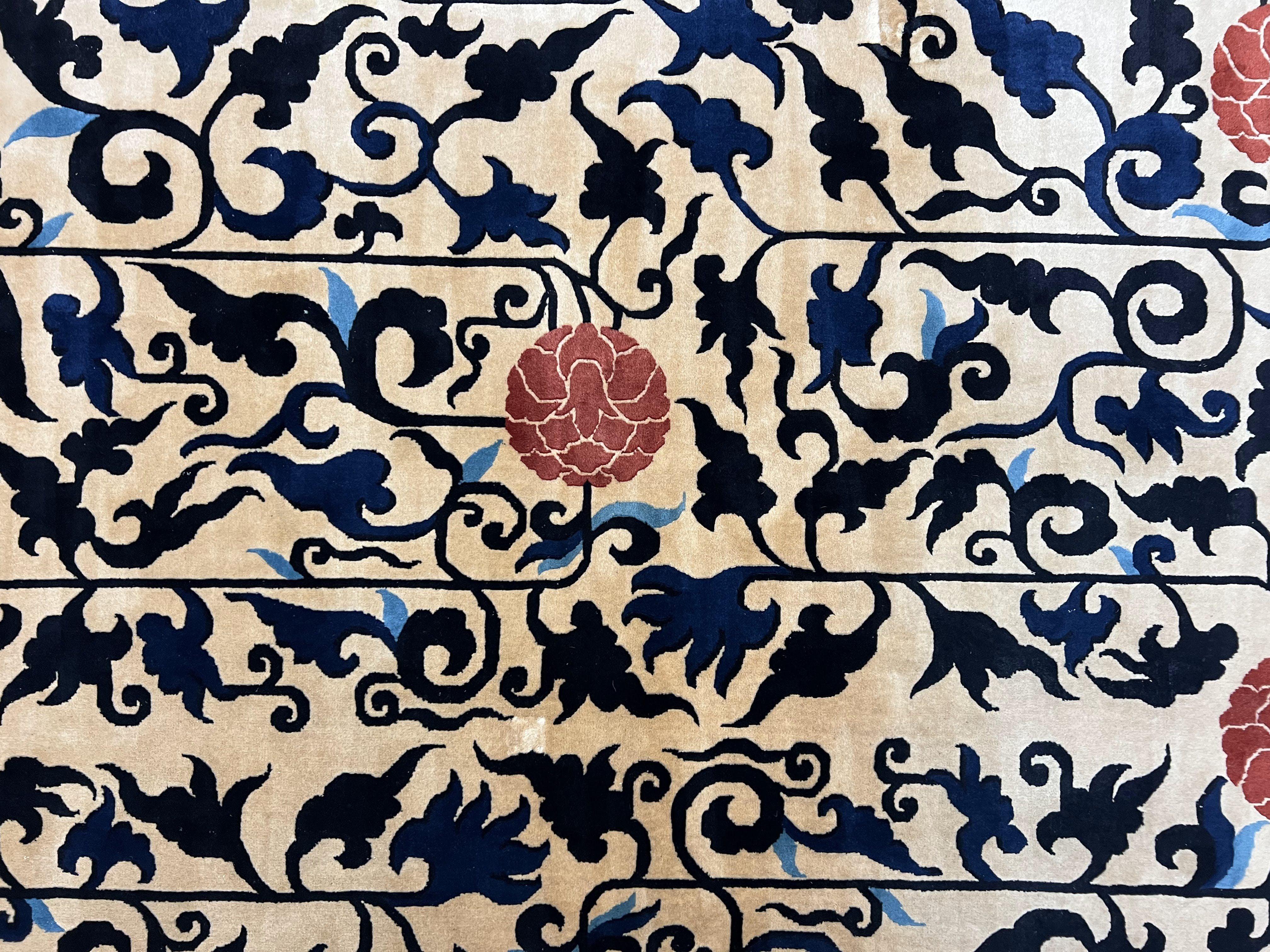 Antique Chinese Peking Rug 10x14, Beige Black, Handmade Wool Art Deco Carpet - Jewel Rugs