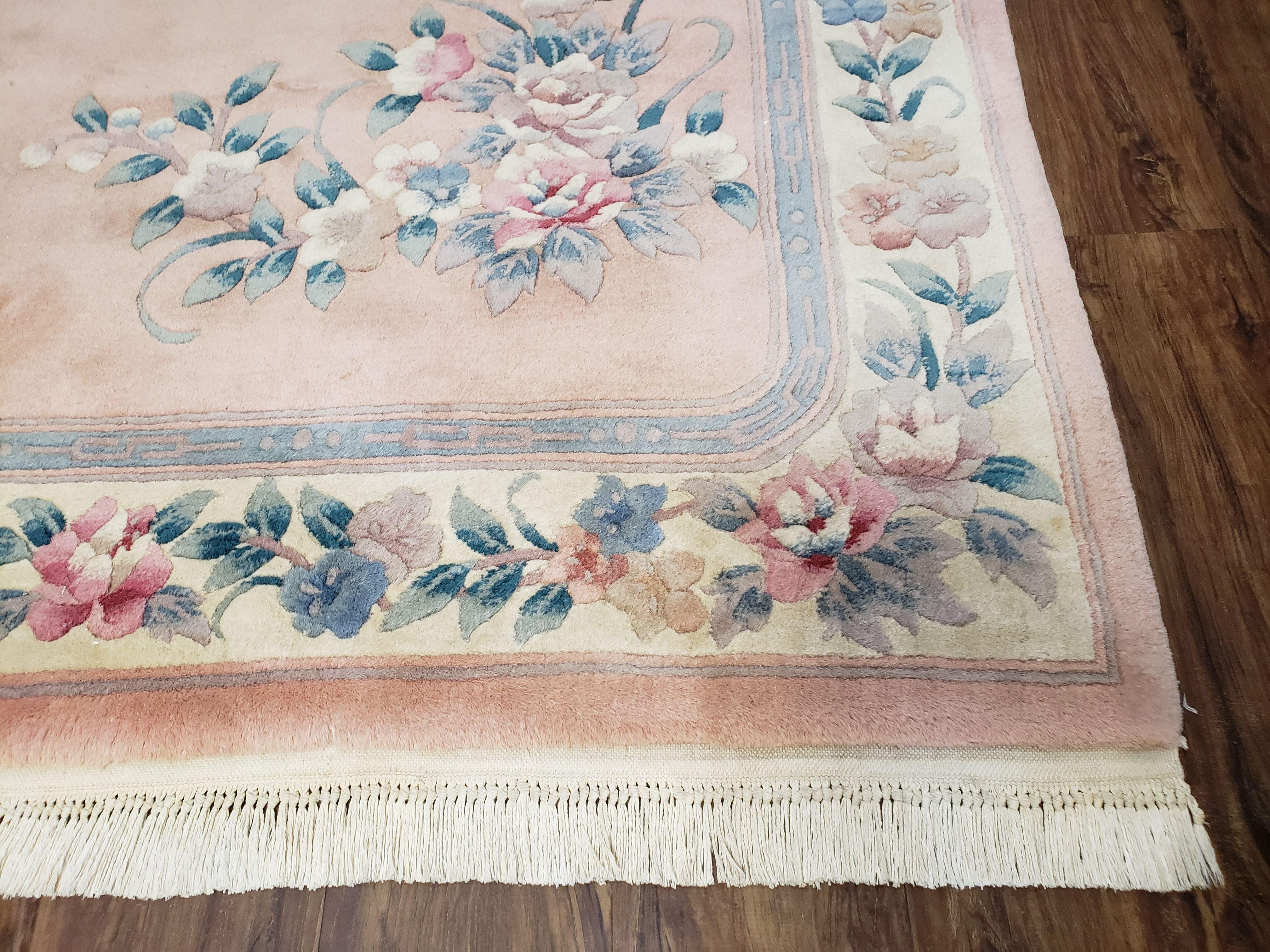 Vintage Light Pink Chinese Carving Area Rug, Floral Plush Carpet, Soft Pile, Hand-Knotted, Pink & Teal, Pastel Colors Home Decor, 5.4 x 8.2 - Jewel Rugs