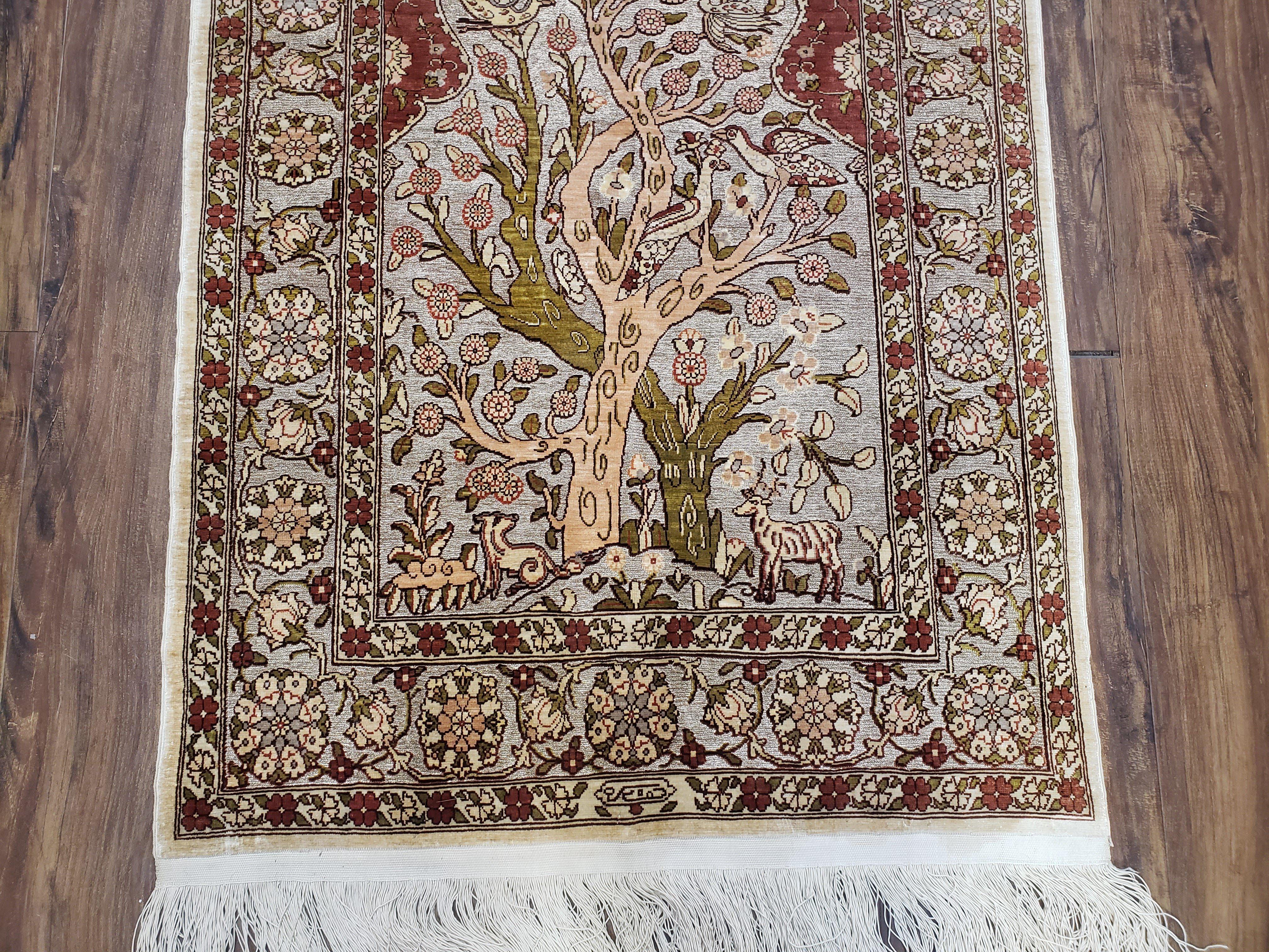 Turkish Hereke Silk Rug with Gold Threads, 2x3 Silk and Gold Oriental Carpet Tree of Life with Animals Very Fine Antique Vintage Top Quality - Jewel Rugs