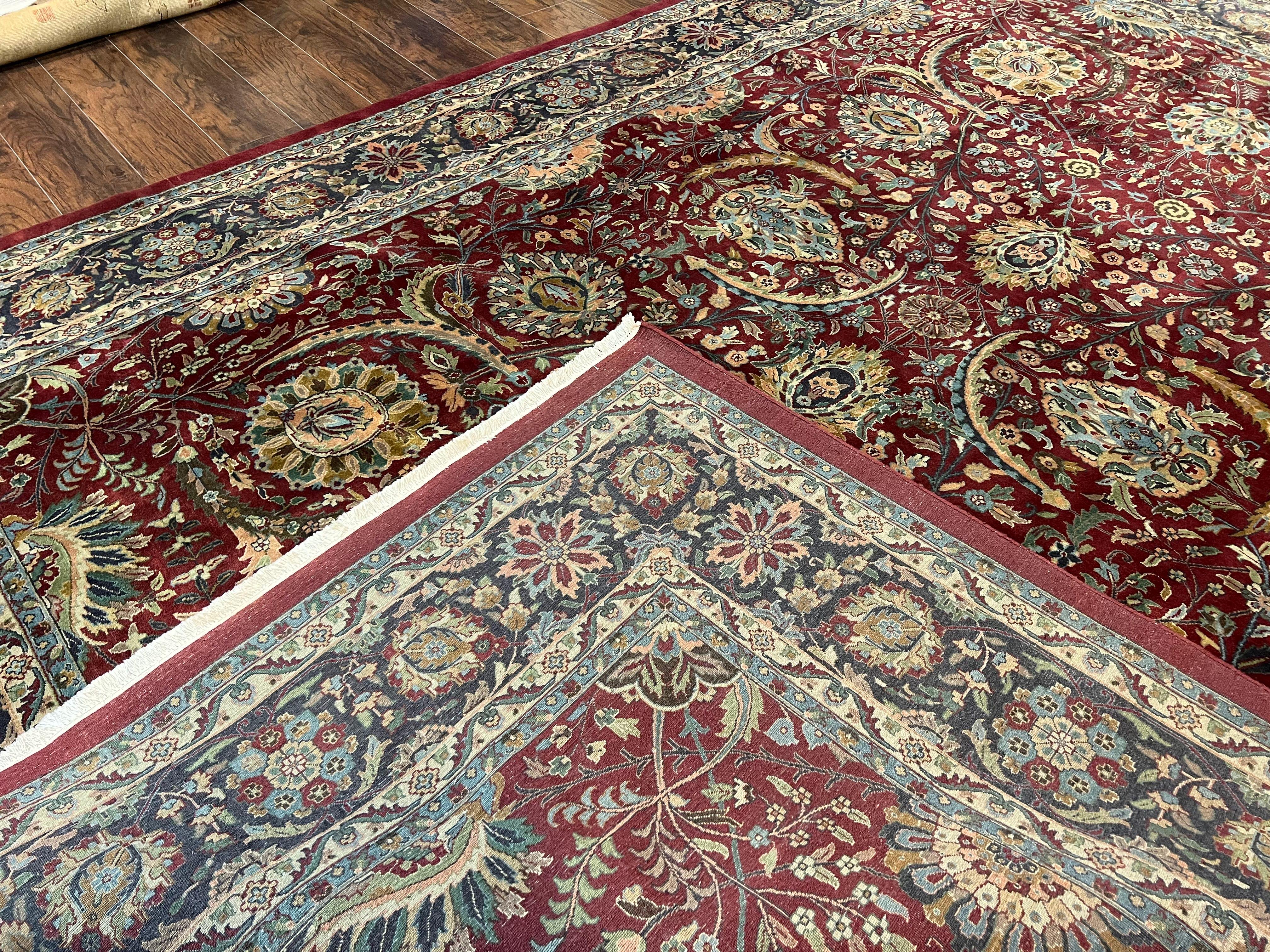 Large Indian Agra Rug 10x13, Maroon Midnight Blue Tan Hand Knotted Wool Oriental Carpet 10 x 13 ft, Floral Allover, Vintage Traditional Rug - Jewel Rugs