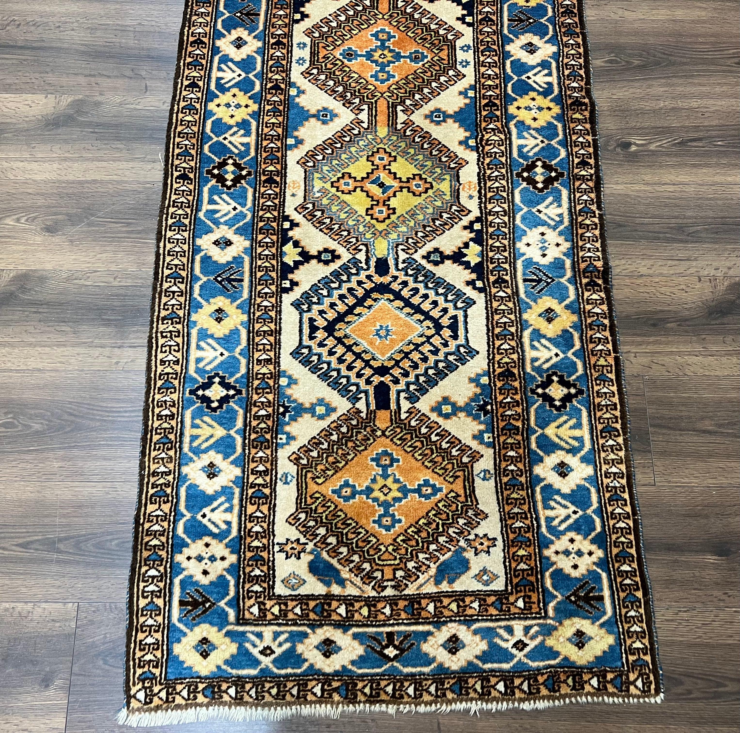 Colorful Turkish Runner Rug 3 x 13 ft, Caucasian Design, Vintage Runner Rug, Wool Hallway Runner, Blue Cream Yellow, Handmade Tribal Rug - Jewel Rugs
