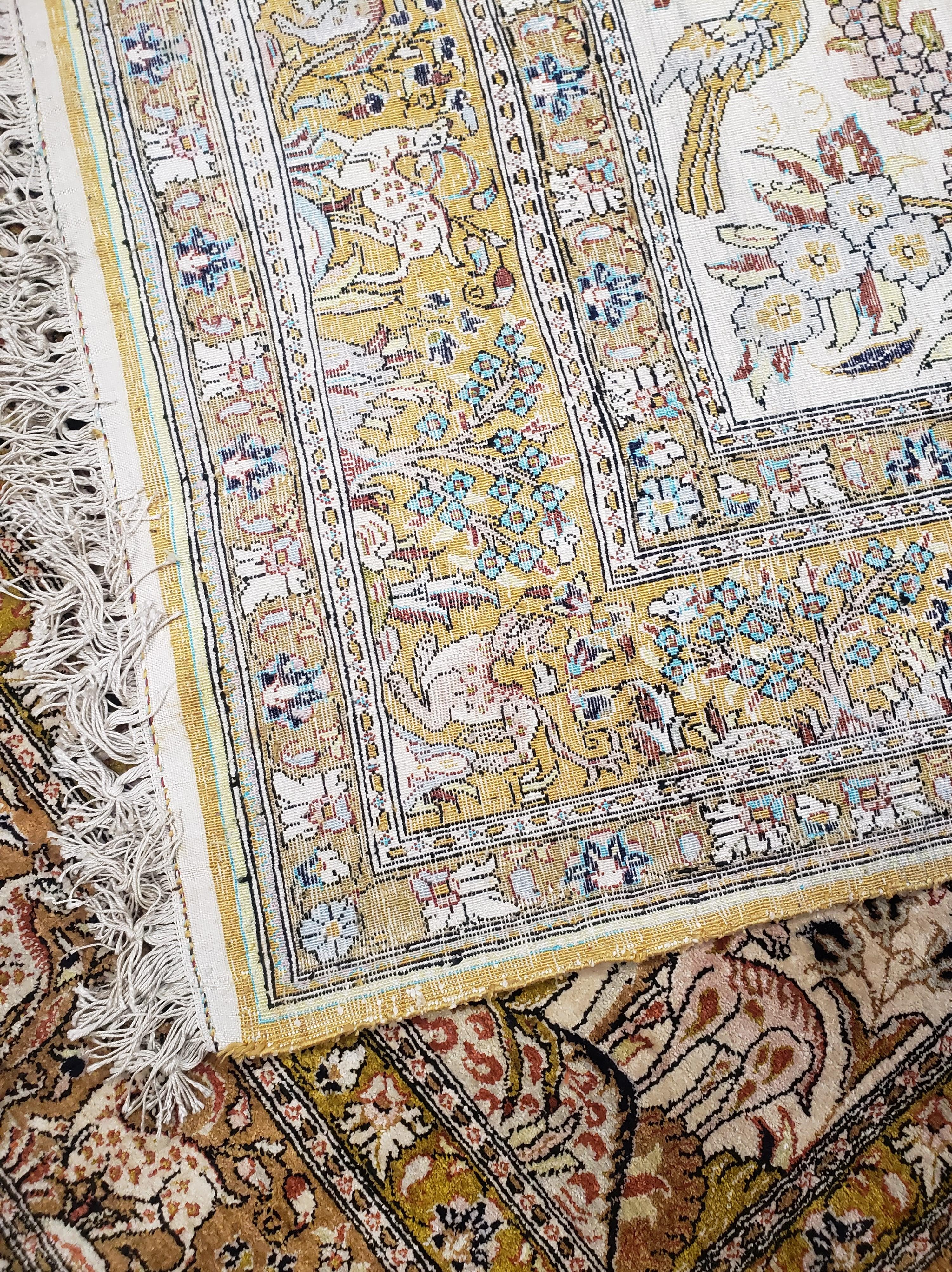 Persian Qum Silk Rug 5x7, Tree of Life Persian Silk Carpet with Animal Pictorials, Birds Deer, Hand Knotted 1950s Fine Rug Cream Gold - Jewel Rugs