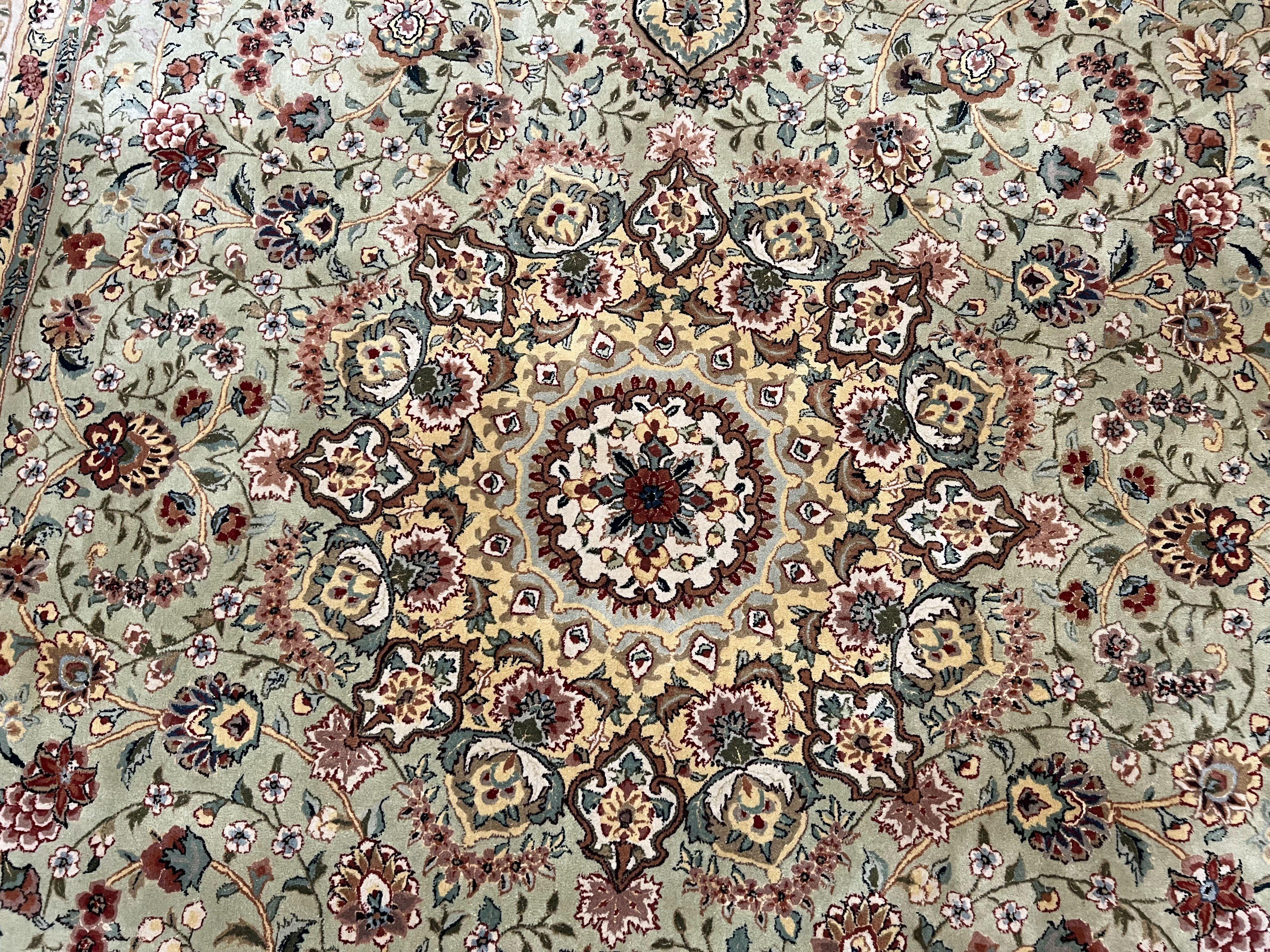 Large Oriental Rug 10x14, Persian Design Carpet 10 x 14, Vintage Hand-Tufted Wool Rug, Floral Medallion, Pastel Green Ivory Light Yellow - Jewel Rugs