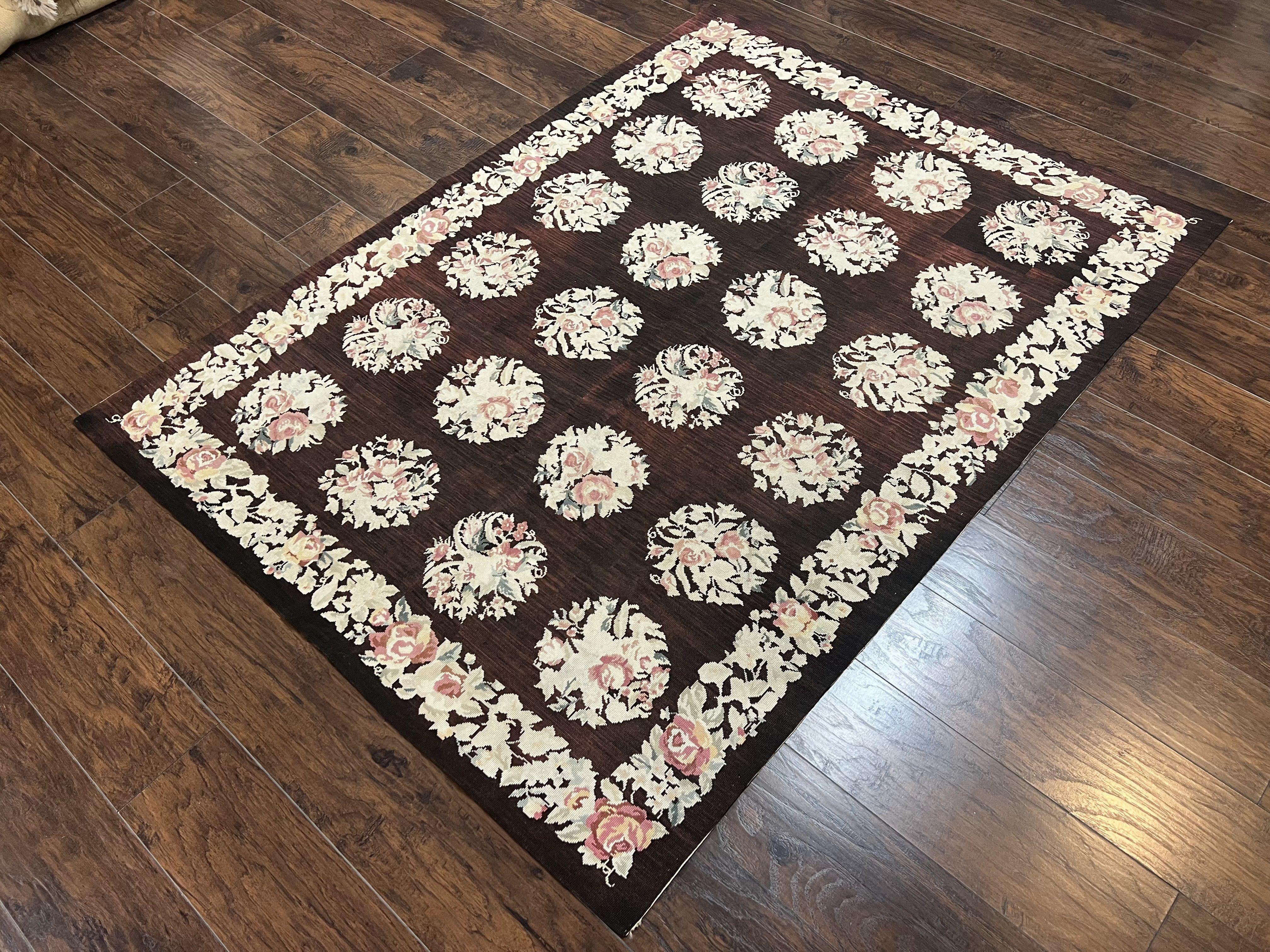 Floral Needlepoint Rug 5x7, Repeated Floral Motifs, Eggplant Color, Handmade Wool Vintage Needlepoint Area Rug 5 x 7 ft, Flatweave Rug - Jewel Rugs