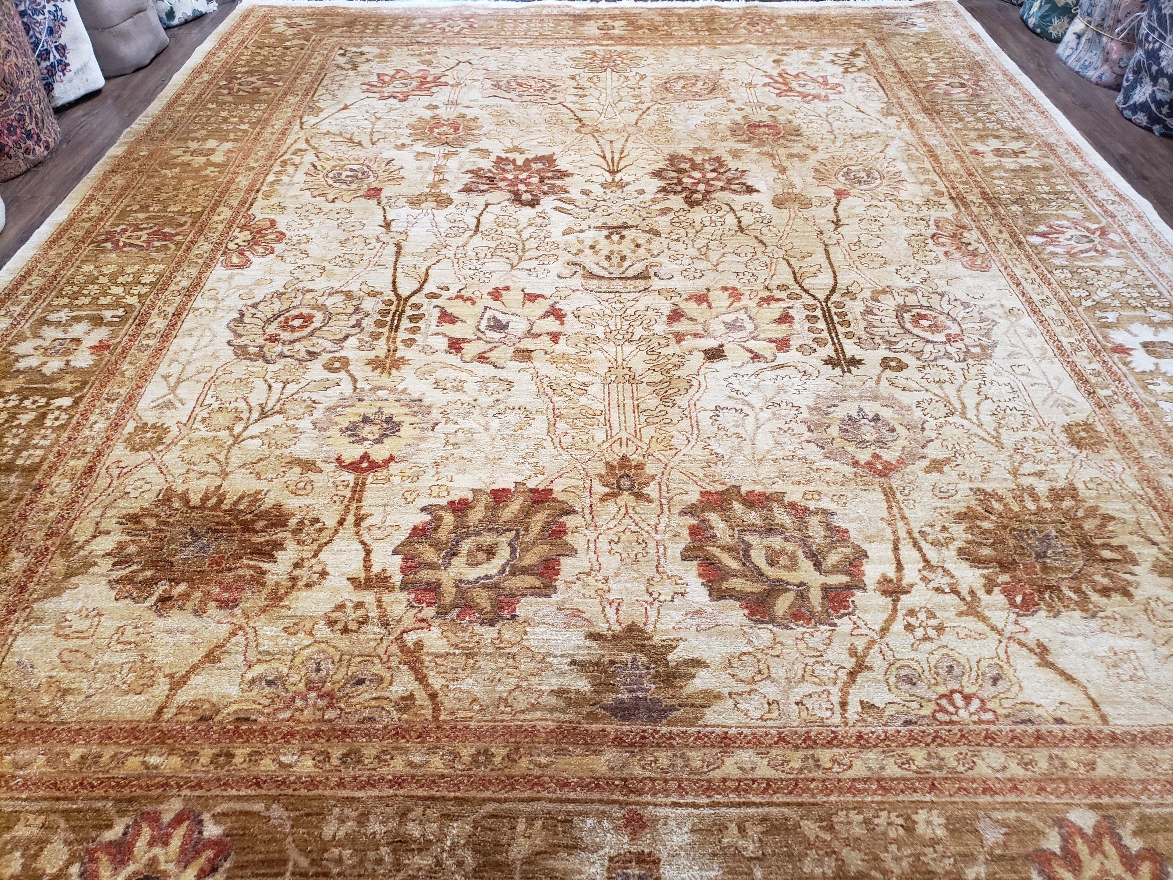 Vintage Turkish Oushak Area Rug 9x12, Wool Hand-Knotted, Ivory Cream & Beige Tea Wash Rug, 9 x 12 Room Sized Rug, Decorative Living Room Rug - Jewel Rugs