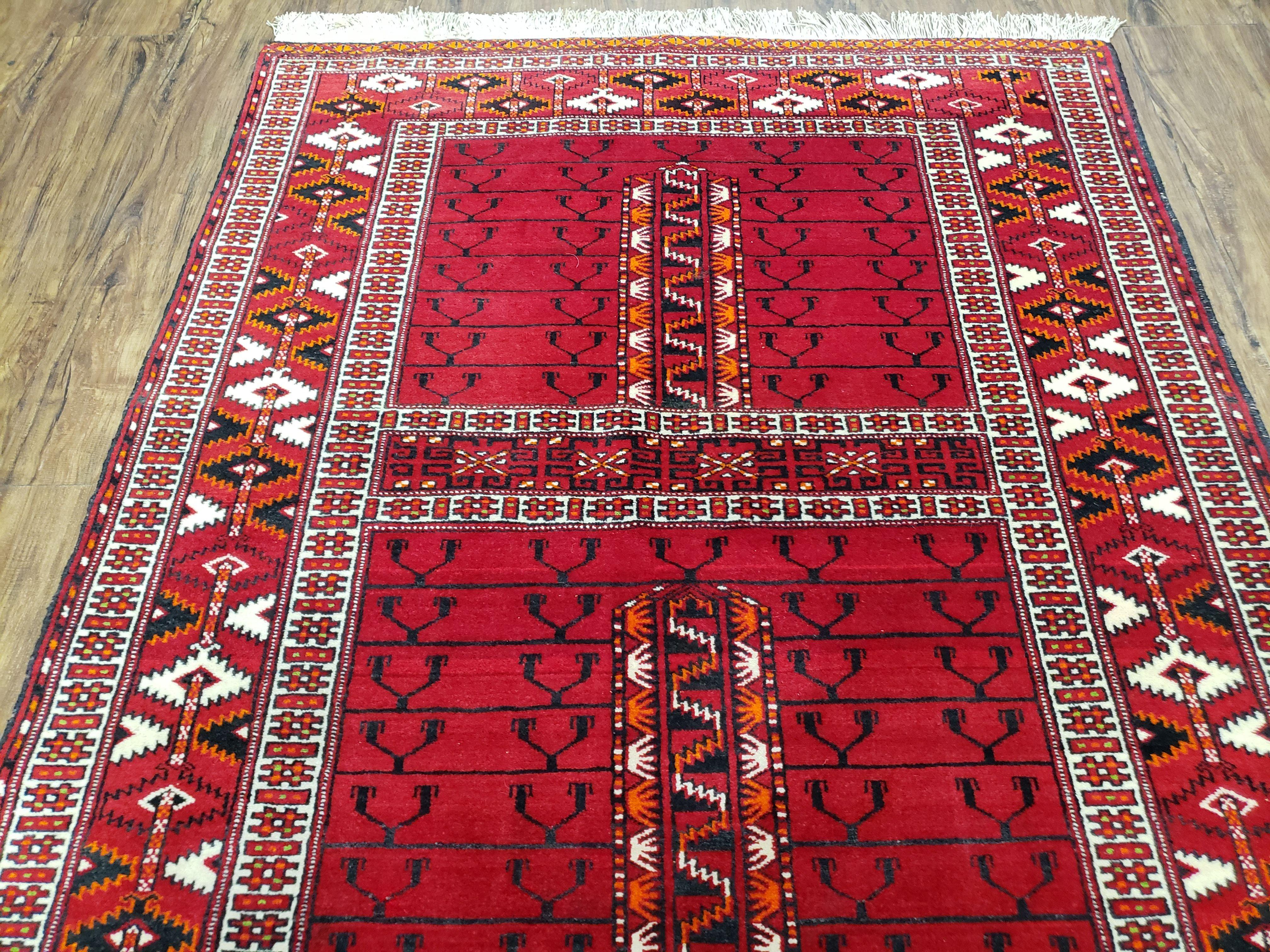 Antique Persian Turkoman Rug 4x5, Hatchli Tekkeh Ersari Red Tribal Rug, Handmade Wool Oriental Carpet, Four Seasons Rug - Jewel Rugs