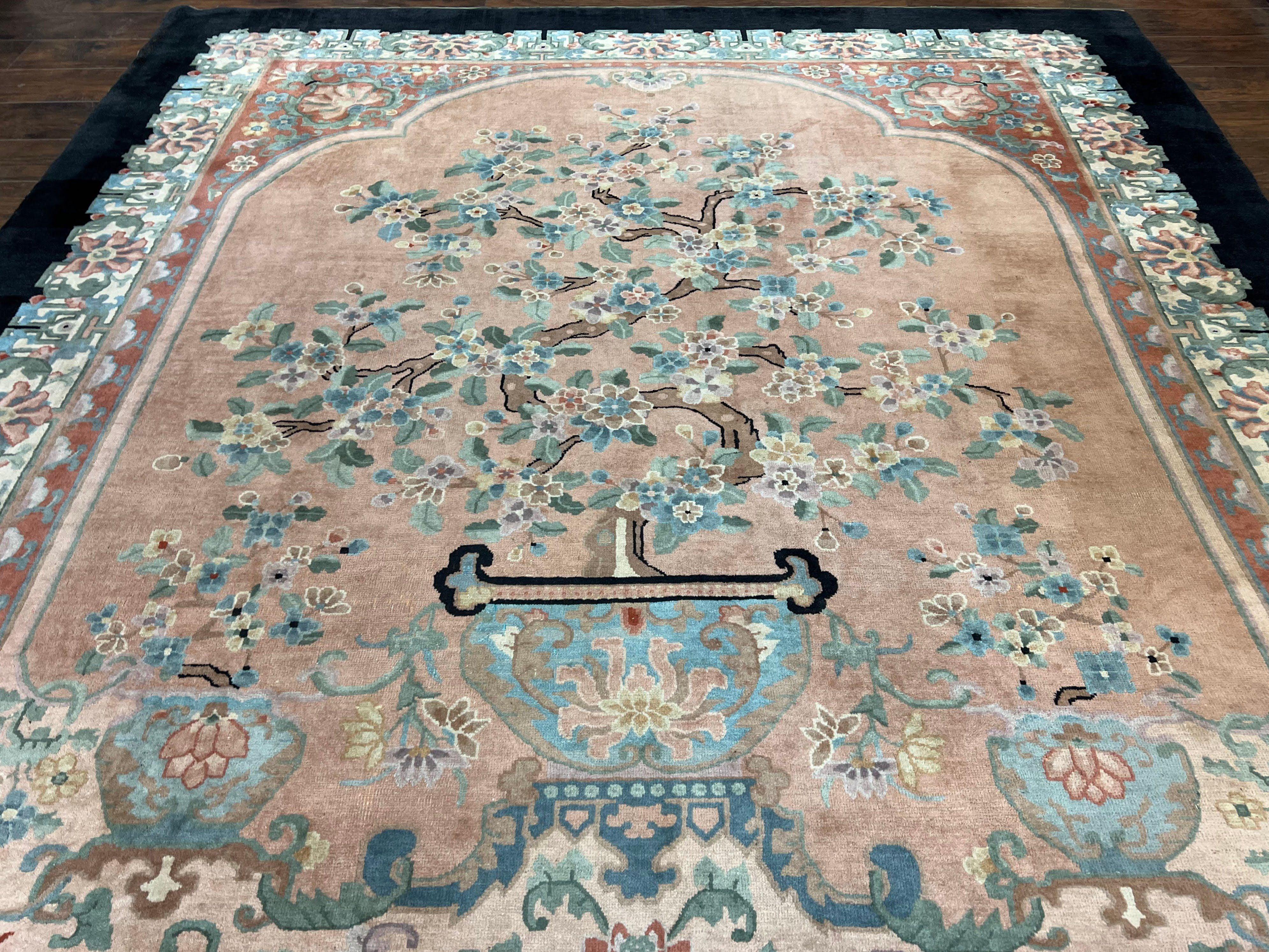 Antique Chinese Wool Rug 9x12, Chinese Peking Fete Carpet 9 x 12 ft, Pink Black Cream Light Blue, Handmade Hand Knotted Asian Art Deco Rug - Jewel Rugs