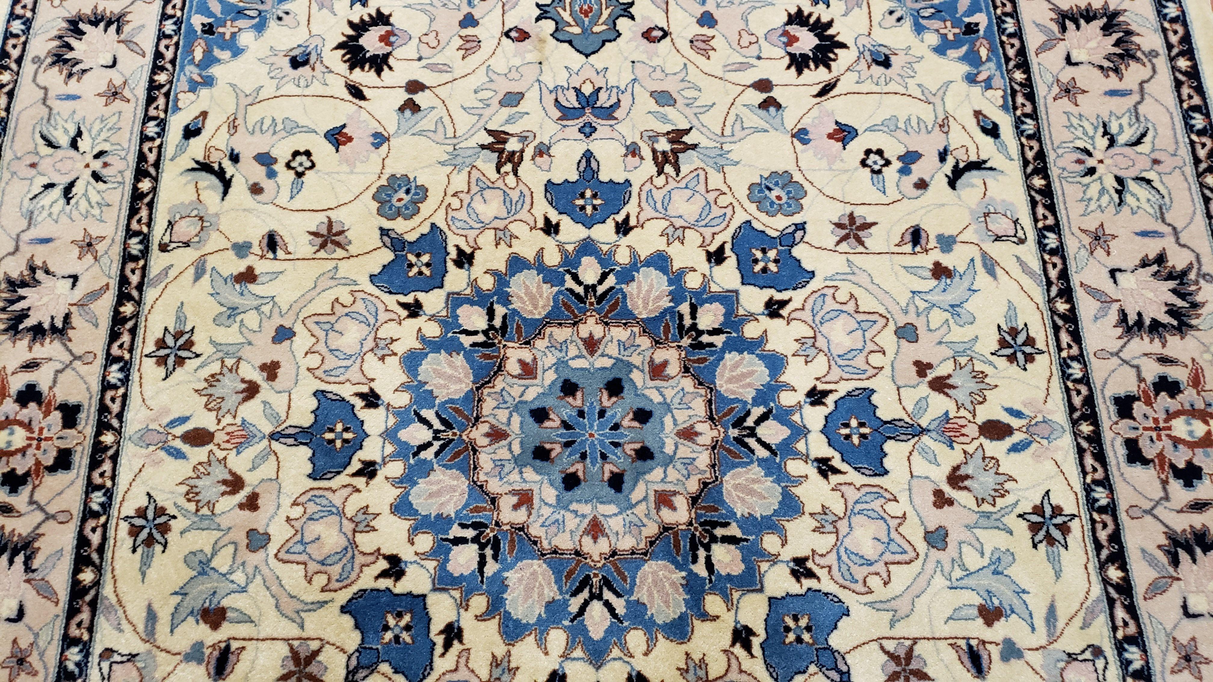 Sino Persian Rug 4x6, Ivory and Blue, Vintage Handmade Wool Oriental Carpet - Jewel Rugs
