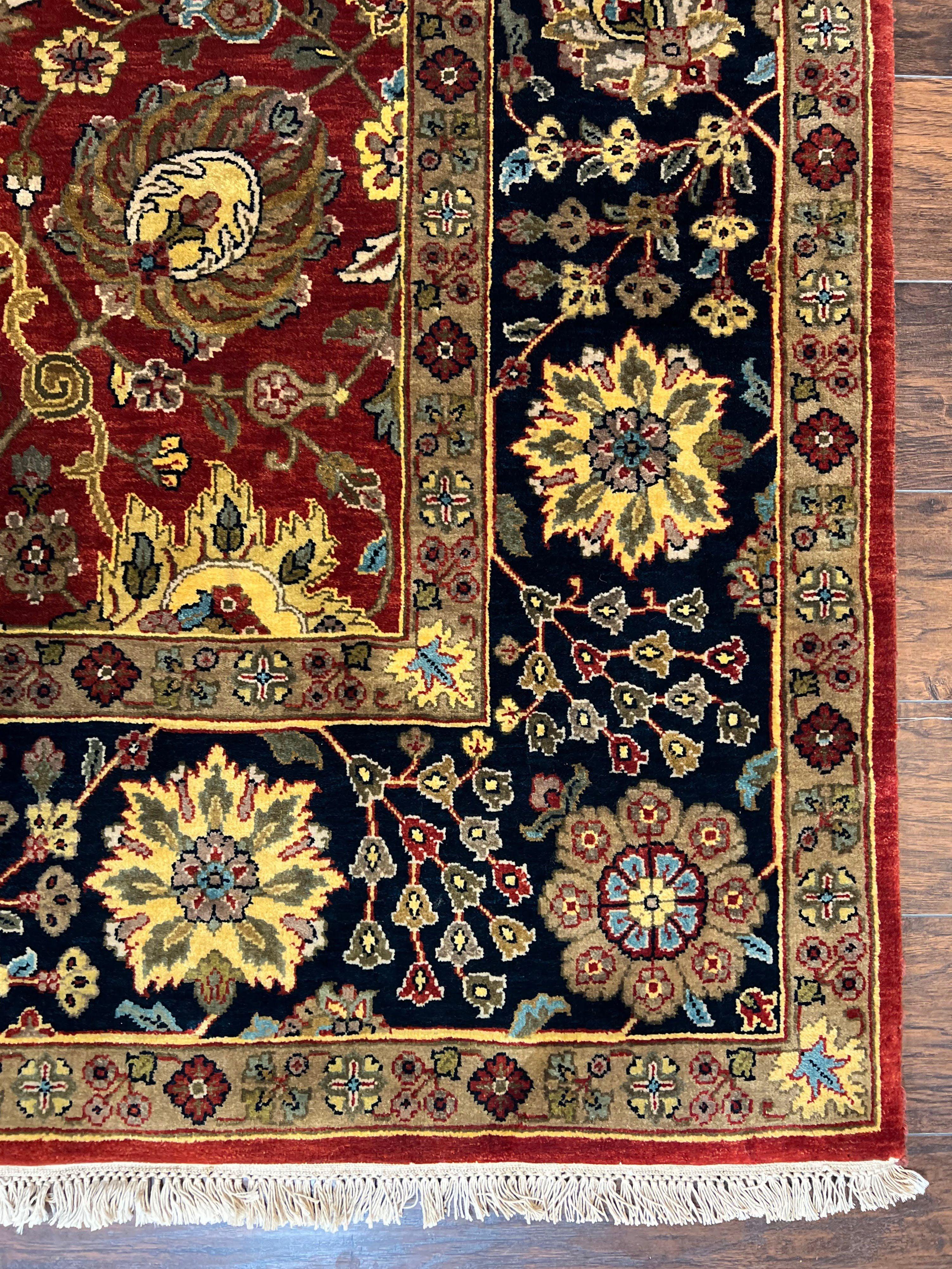 Indo Persian Rug 9x12, Hand Knotted Traditional Indian Wool Oriental Carpet 9 x 12 ft, Maroon and Navy Blue, Floral Allover 9x12 Vintage Rug - Jewel Rugs