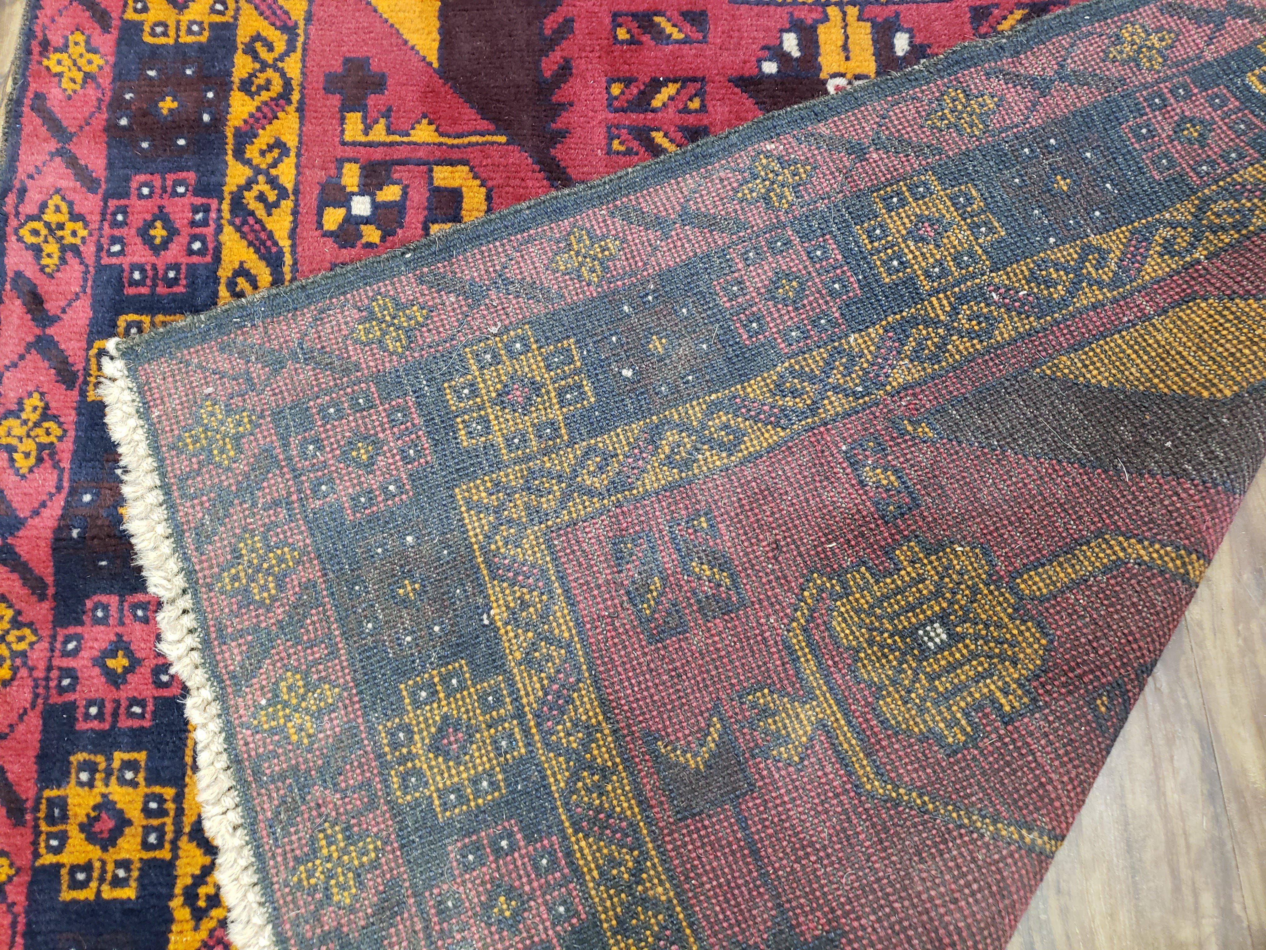 Vintage Balouchi Rug 3.8 x 6.4 ft, Small Baluch Carpet, Hand-Knotted Vivid Colors, Wool Nomadic Tribal Rug, Bohomenian Area Rug, Red Blue - Jewel Rugs