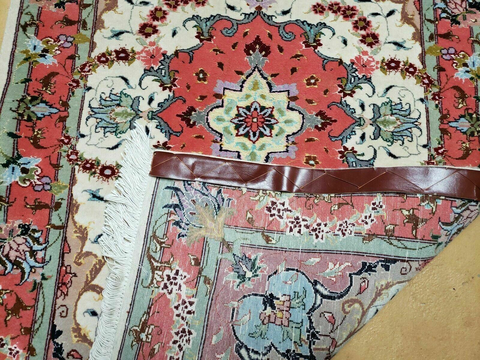 Small Vintage Persian Tabriz Wool and Silk Rug 2.5 x 4 ft, Very Finely Hand Knotted, Medallion, Ivory Salmon Light Blue, Top Quality, Pair B - Jewel Rugs