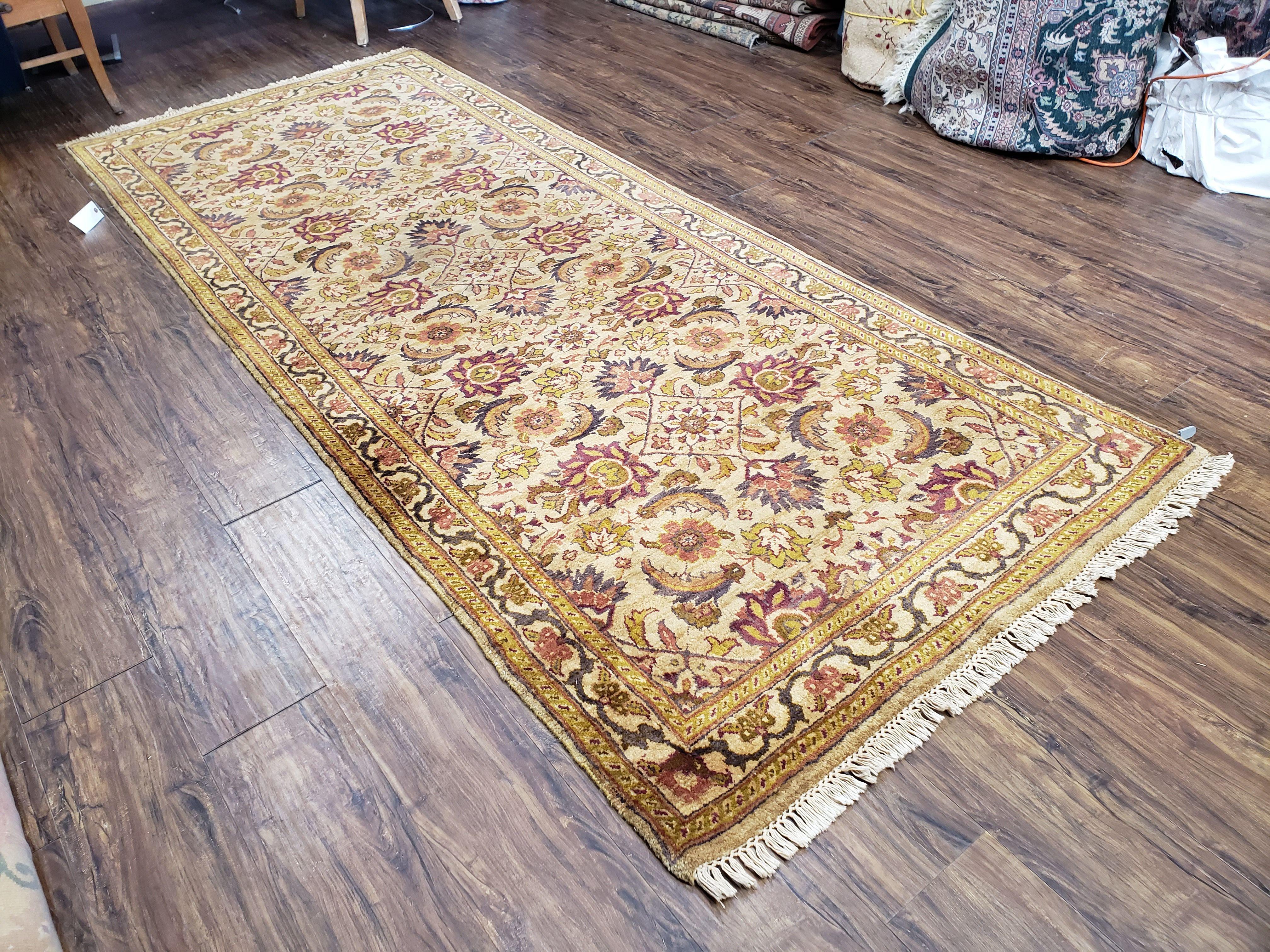 Indian Runner Rug 4x10, Handmade Hand Knotted Wool Oriental Runner Rug 4 x 10 Wide Runner, Vintage Corridor Hallway Runner, Tan Gold Floral - Jewel Rugs