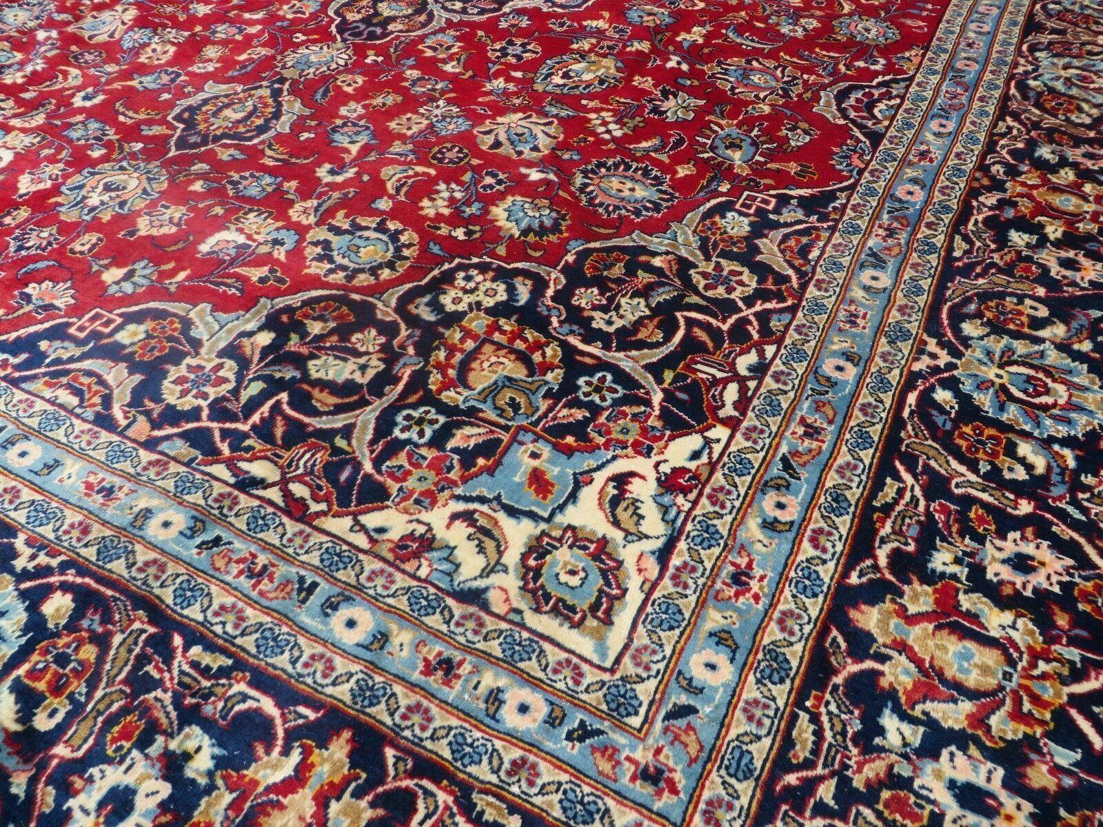 Vintage Persian Kashan Rug 10x13, Hand Knotted Room Sized Carpet, Red Light Blue Dark Blue, Wool, Traditional, Medallion and Corner Design - Jewel Rugs