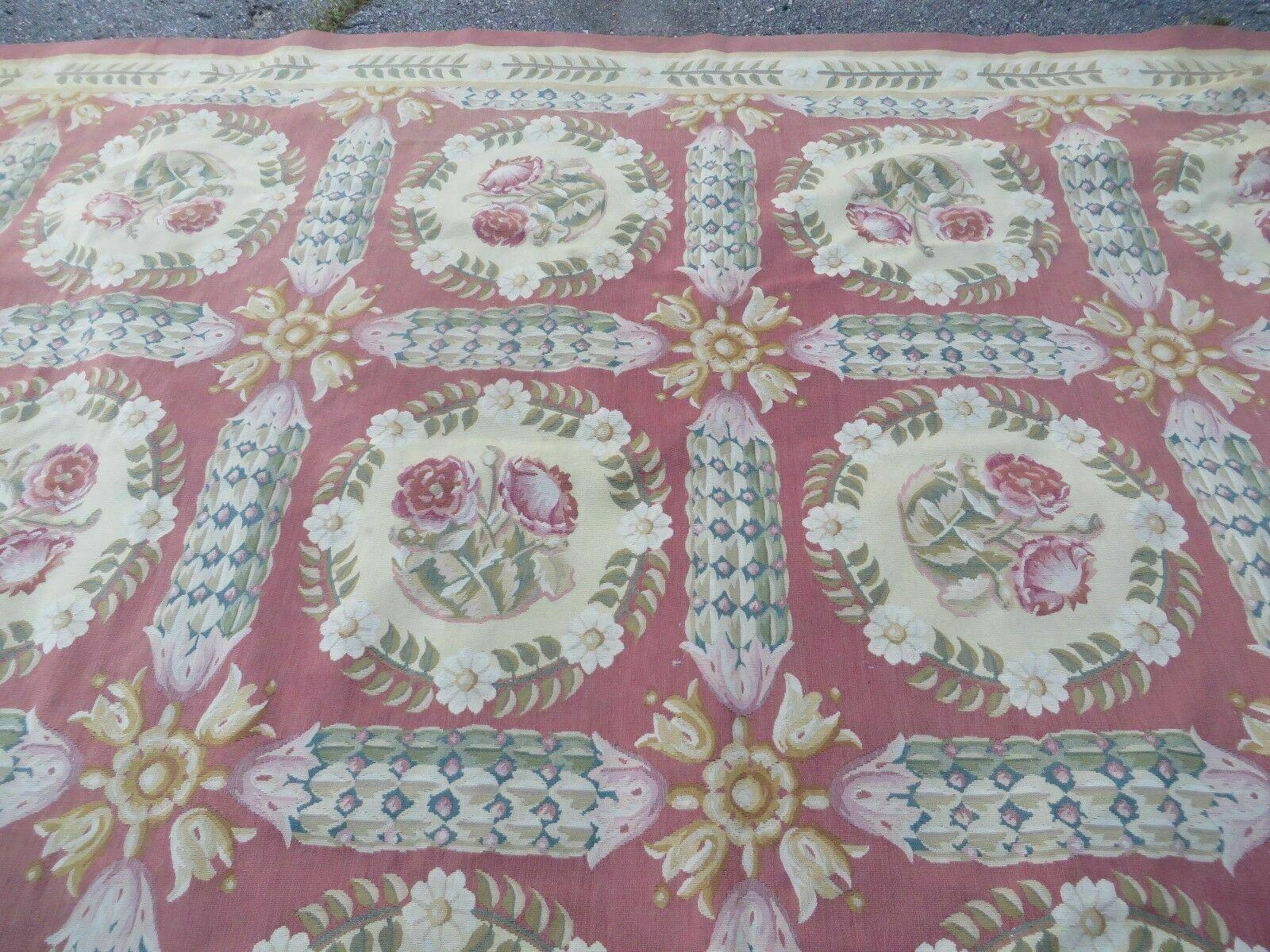 Palace Sized Aubusson Rug 13 x 20 ft, Oversized Handwoven Handmade Panel Design French Aubusson Carpet, Extra Large Wool Flatweave Rose Color - Jewel Rugs