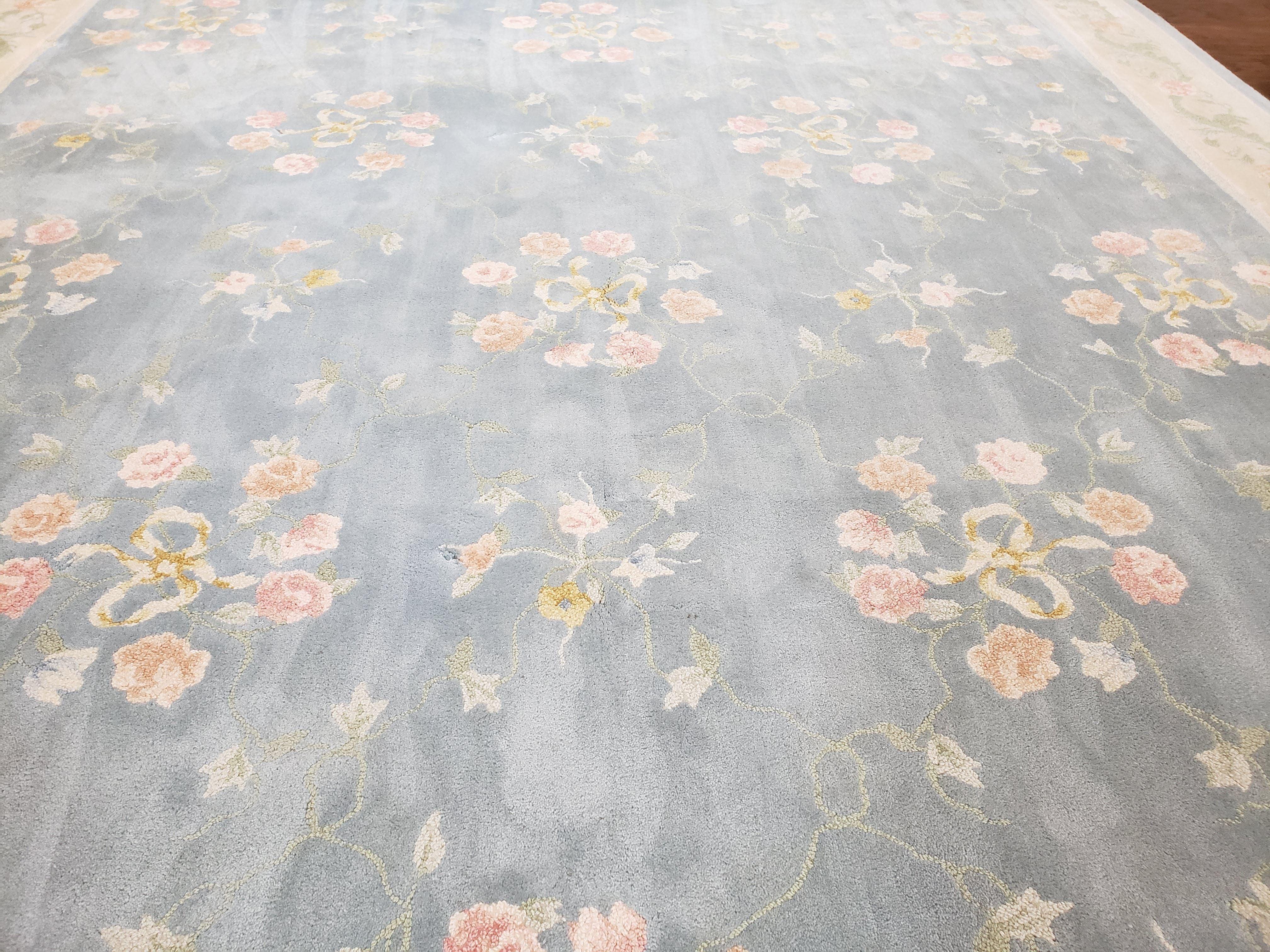 Vintage Edward Fields Room Size Area Rug 10x15, Wool Hand Tufted Light Blue Cream Floral American Carpet, 10 x 15 Large Living Room Rug - Jewel Rugs