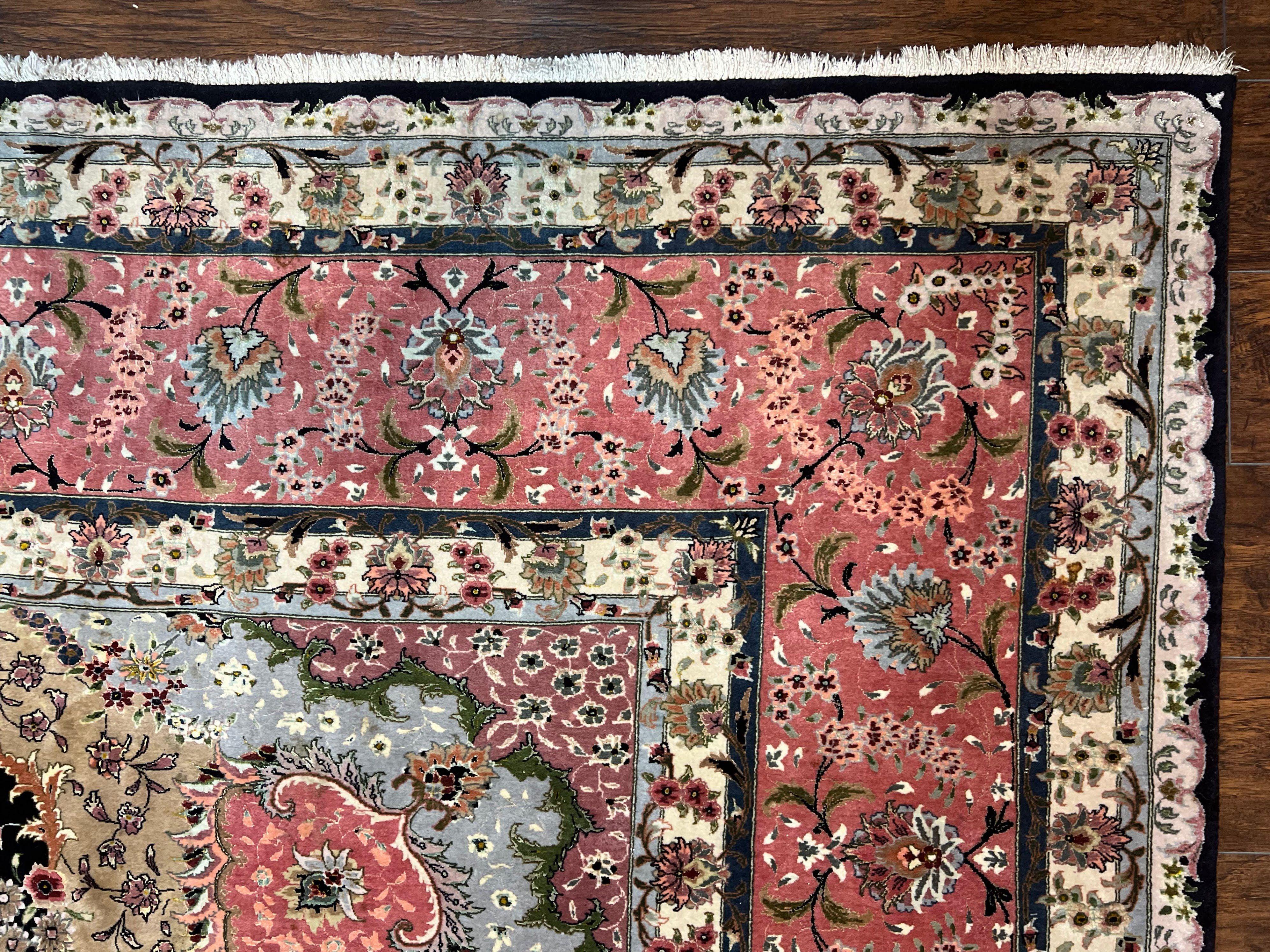 Magnificent Persian Tabriz Rug 11x16, Oversized Persian Carpet 11 x 16 ft, Wool on Silk Finely Hand Knotted, 450 KPSI, Floral Medallion, Black Pink - Jewel Rugs