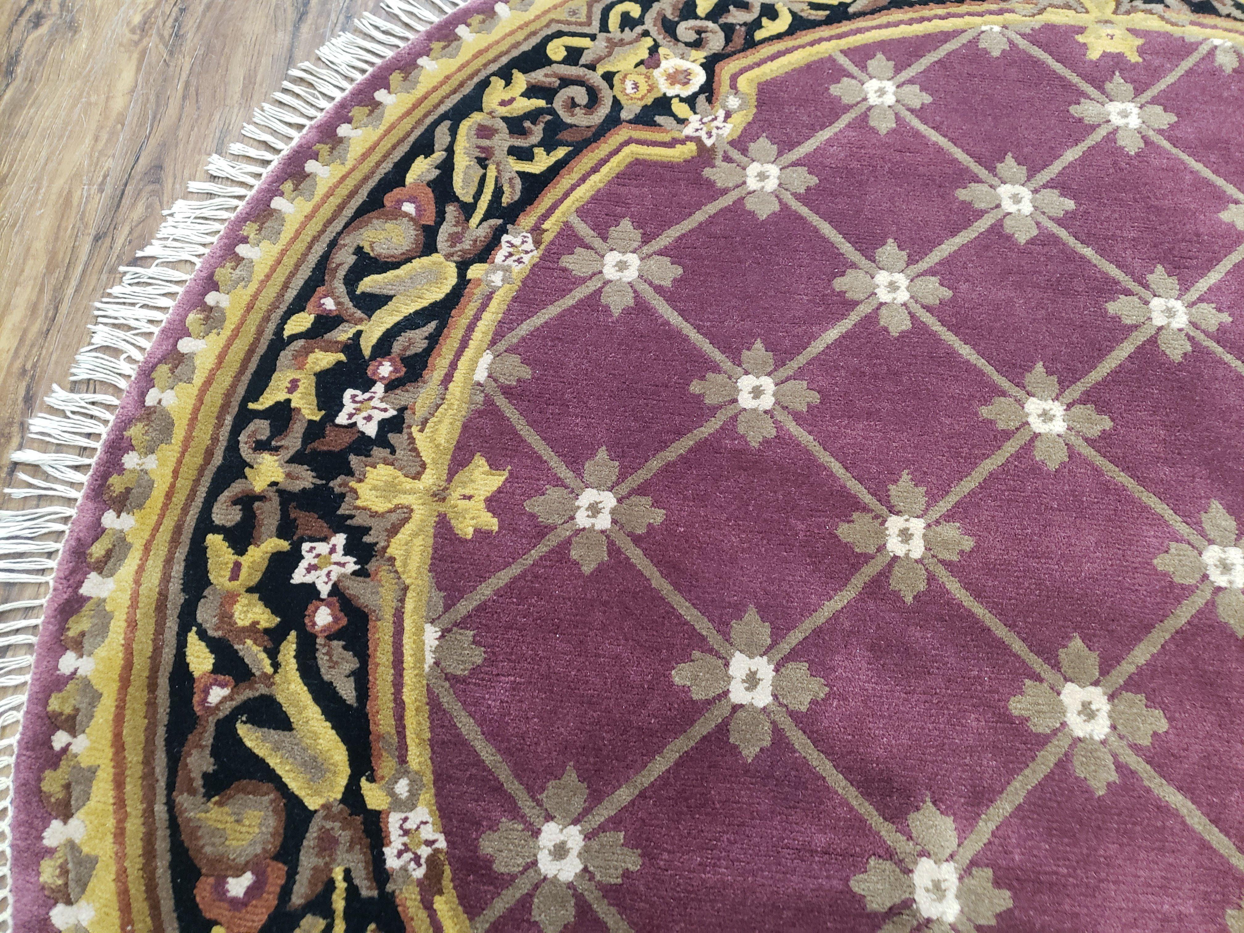 6ft Round Mauve Hand-Knotted Vintage Carpet, Nepalese Aubusson Area Rug 6x6, Wool Hand-Knotted Red/Purple & Black Circular Rug 6 x 6 ft - Jewel Rugs