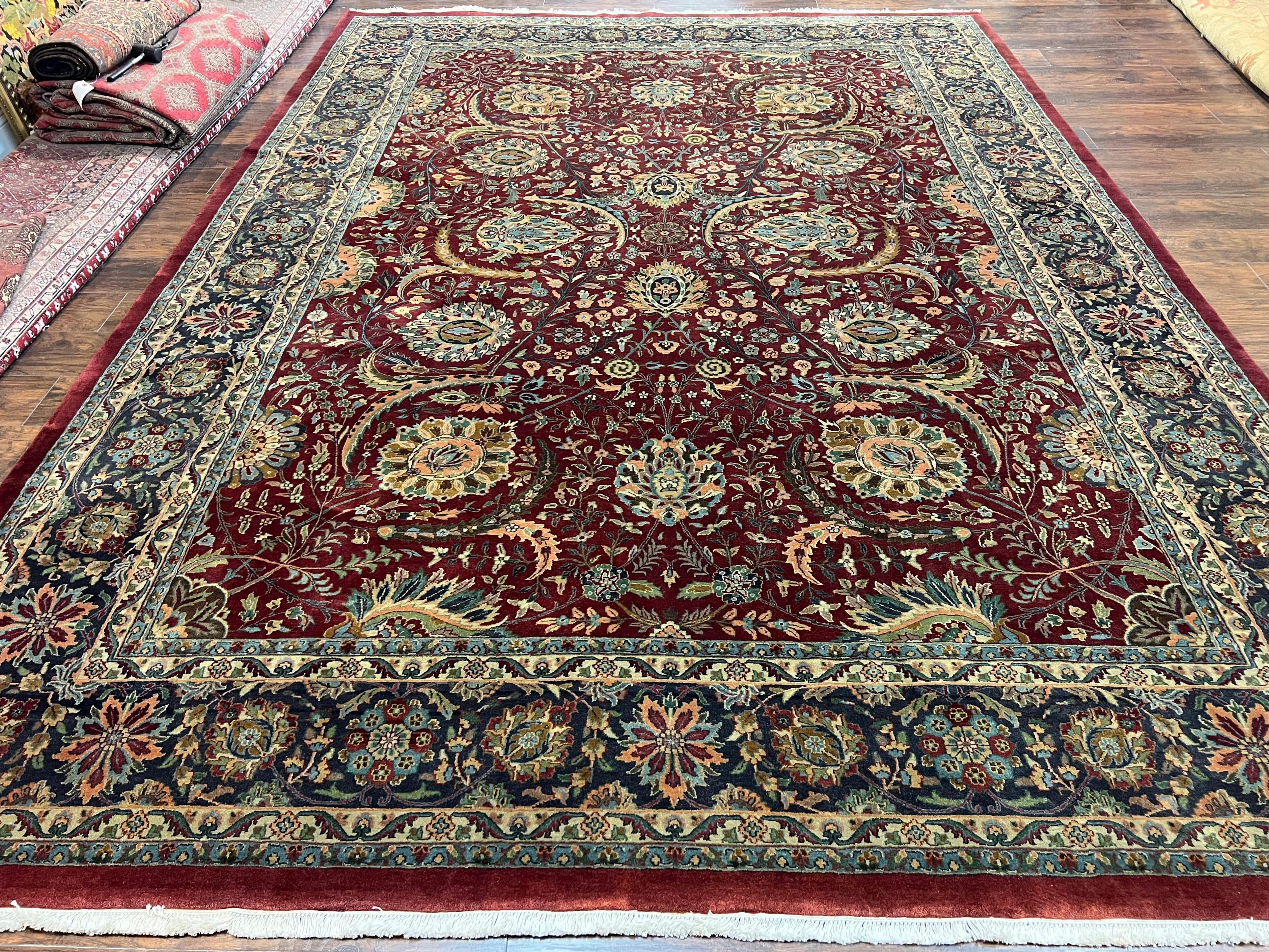 Large Indian Agra Rug 10x13, Maroon Midnight Blue Tan Hand Knotted Wool Oriental Carpet 10 x 13 ft, Floral Allover, Vintage Traditional Rug - Jewel Rugs