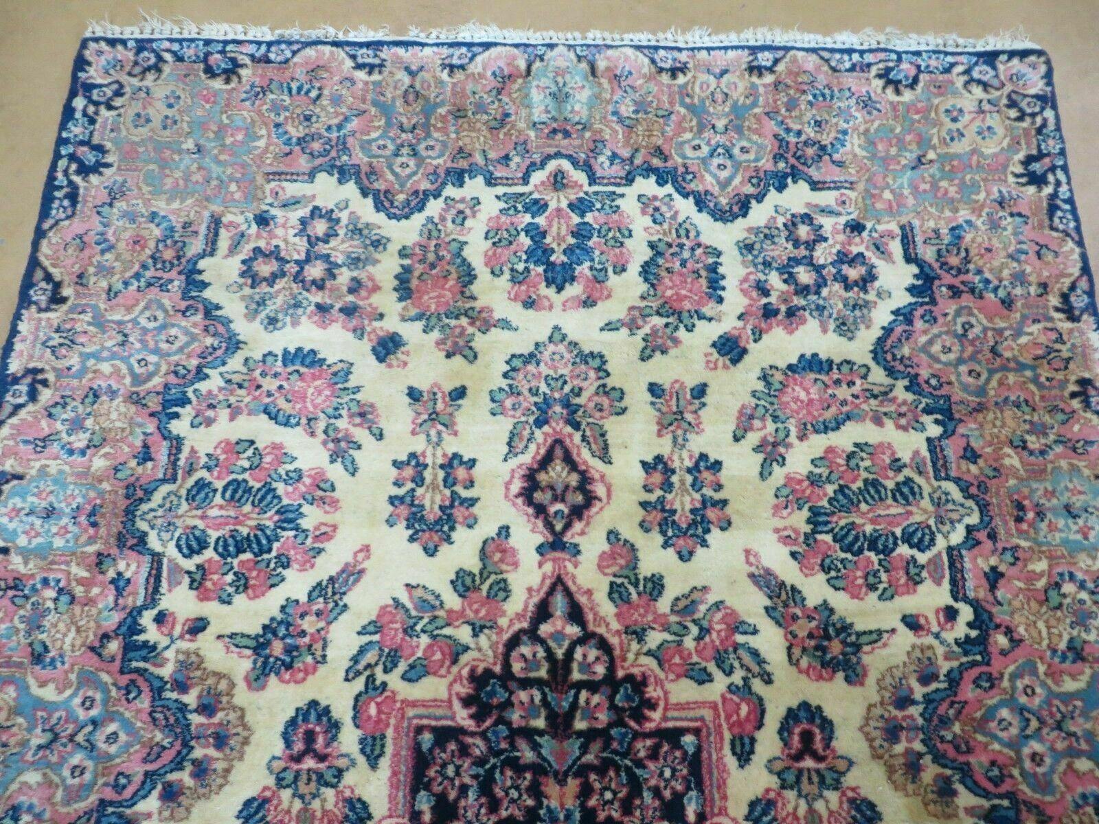 Antique Persian Kirman Rug 3.9 x 6.6, Floral Oriental Carpet, Ivory/Cream - Blue - Pink, Hand Knotted Wool Rug, Floral Medallion Rug 4x6 - Jewel Rugs