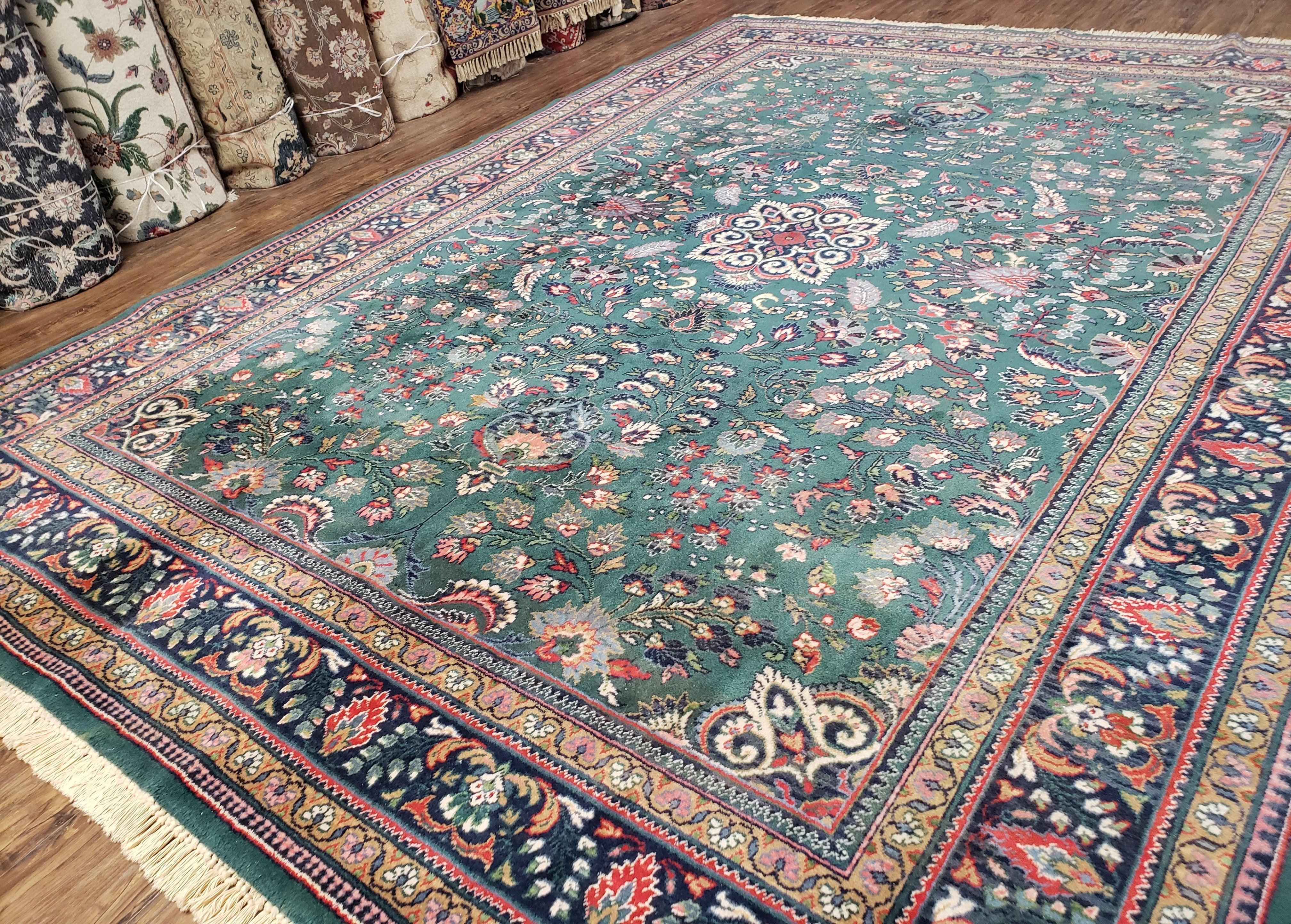 Vintage Traditional Oriental Rug, Pine Green & Midnight Blue Carpet, Louis de Poortere, 8x11 Belgium Power-Loomed Rug, Allover Floral Design - Jewel Rugs