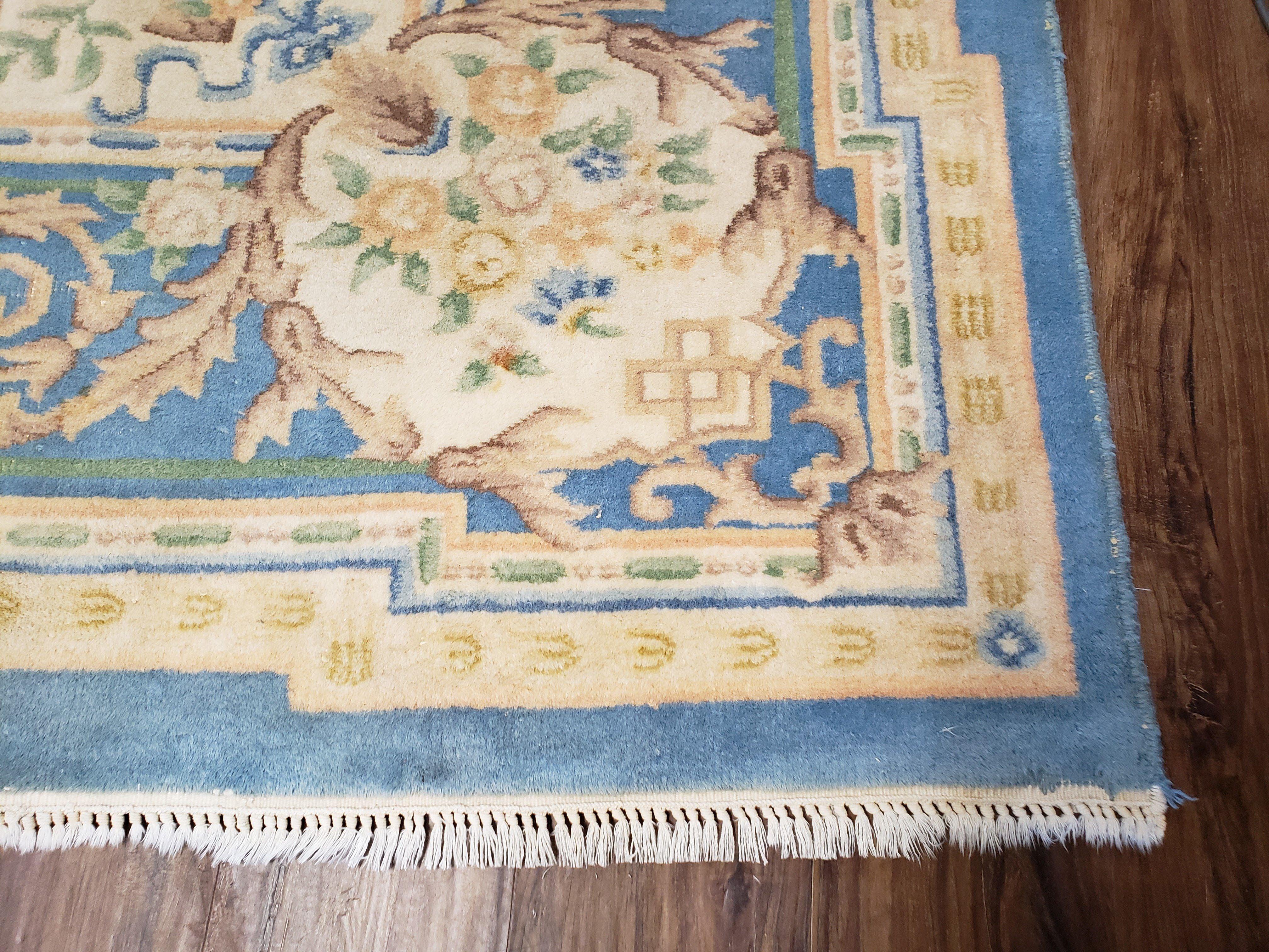 Light Blue and Ivory Rug, Indo Chinese Rug, Aubusson Rug, 8x11 - 9x12 Rugs, Room Sized Rug, Handmade Wool Area Rug, Vintage Rug, Sky Blue - Jewel Rugs