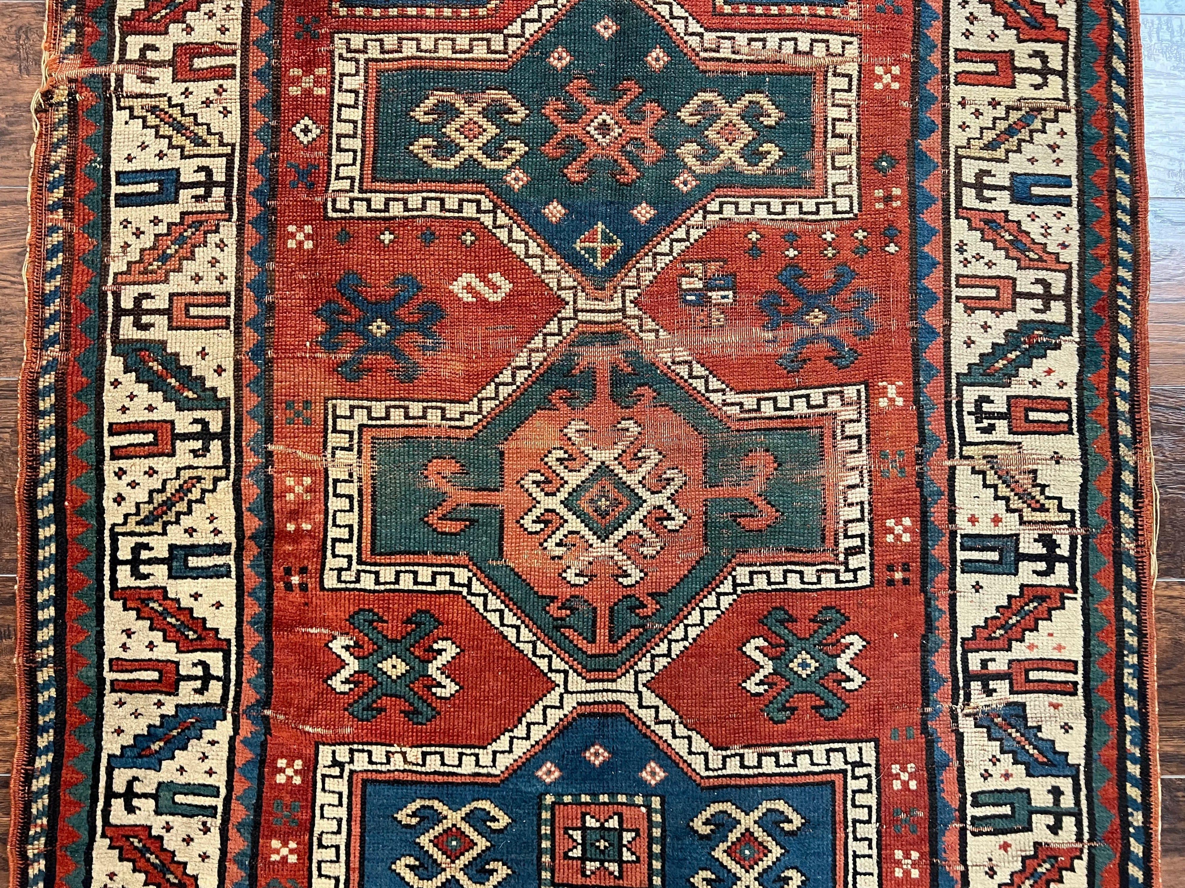 Antique Caucasian Rug 4x5, Geometric Kazak Rug circa 1920s, Hand Knotted Wool Oriental Carpet, Rust Red-Orange and Cream, Collectible Rug - Jewel Rugs