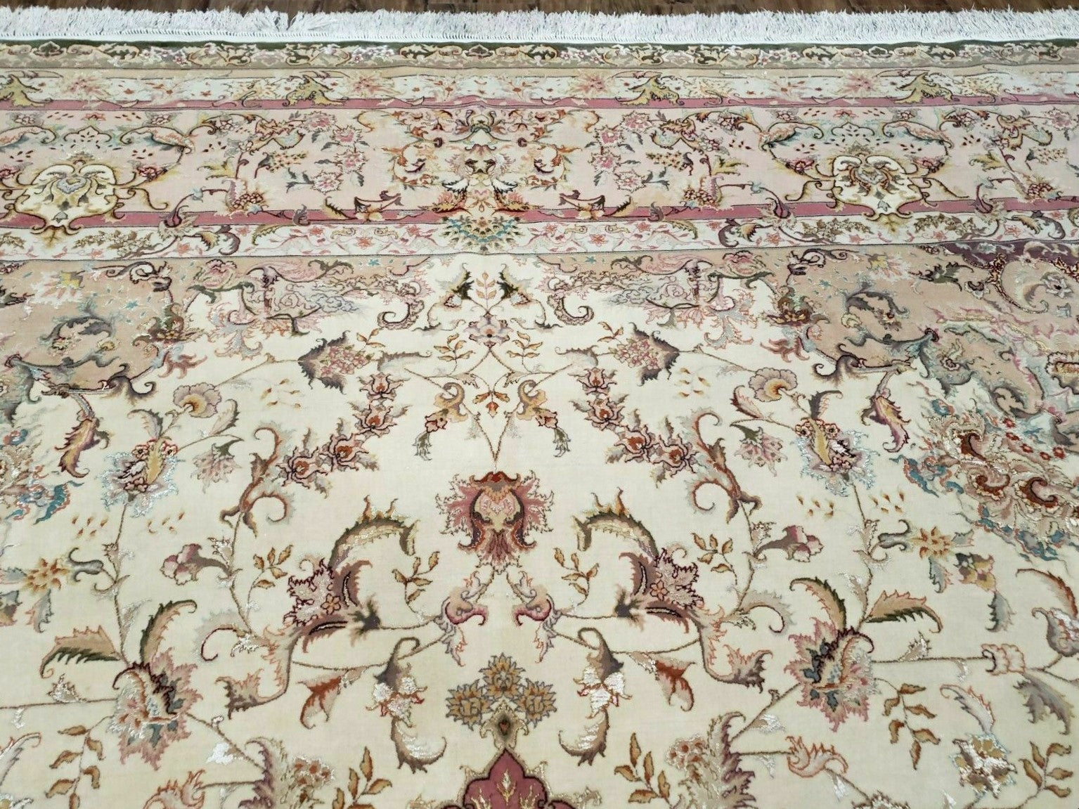 Stunning Sino Persian Rug 9x12, Wool Pile on Silk Foundation, Luxury Elegant Hand Knotted Carpet, Floral Medallion, Very Fine, Cream Salmon - Jewel Rugs