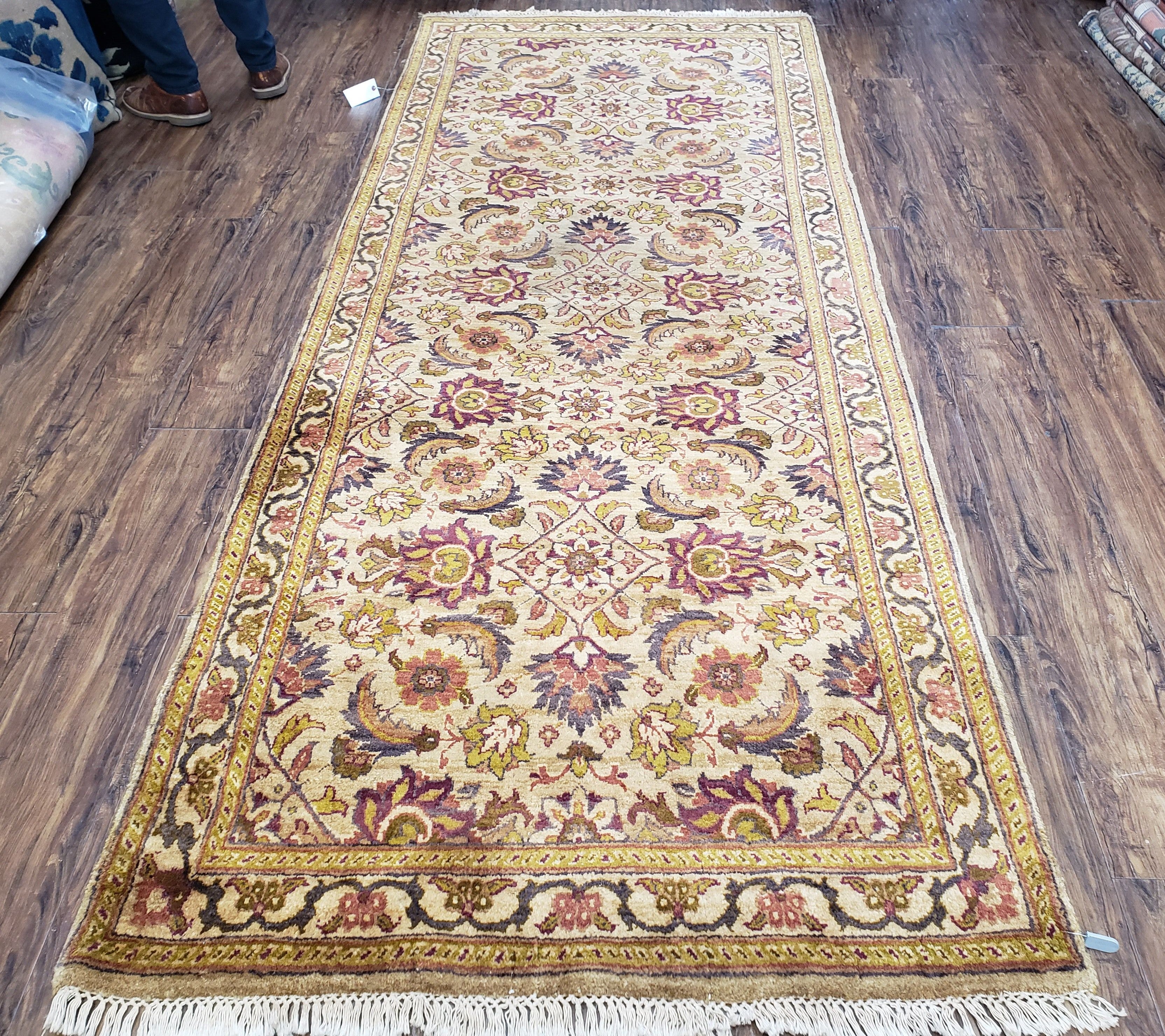 Indian Runner Rug 4x10, Handmade Hand Knotted Wool Oriental Runner Rug 4 x 10 Wide Runner, Vintage Corridor Hallway Runner, Tan Gold Floral - Jewel Rugs