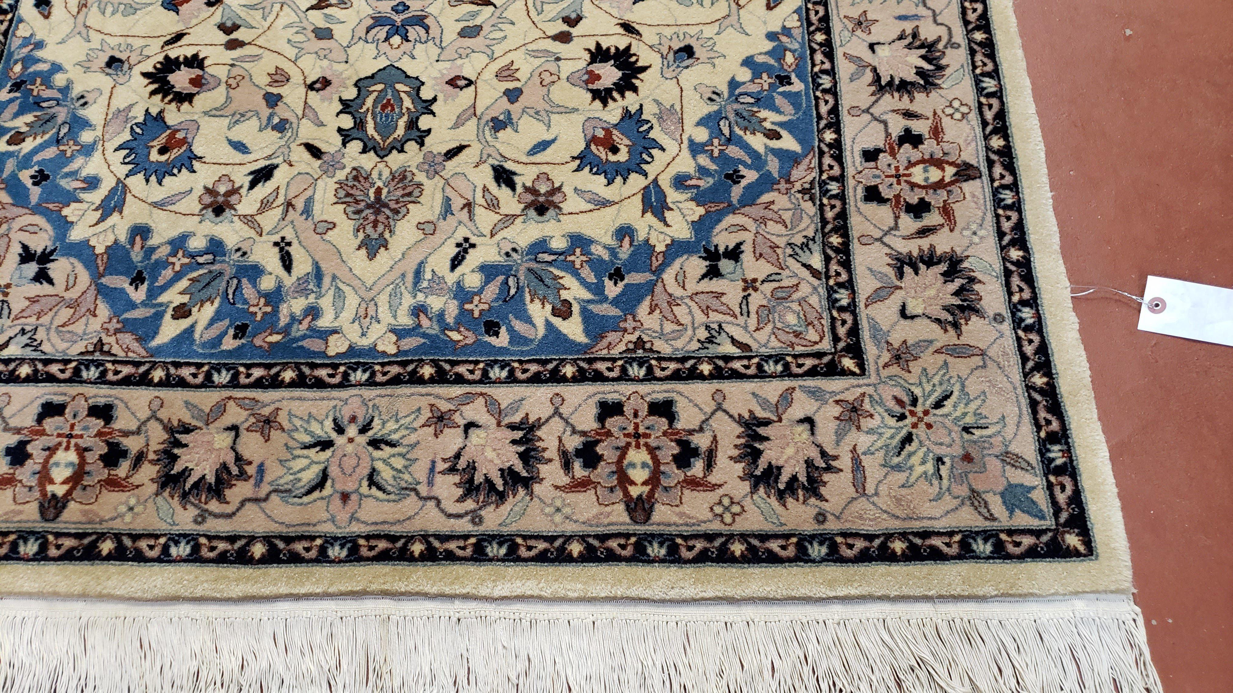 Sino Persian Rug 4x6, Ivory and Blue, Vintage Handmade Wool Oriental Carpet - Jewel Rugs