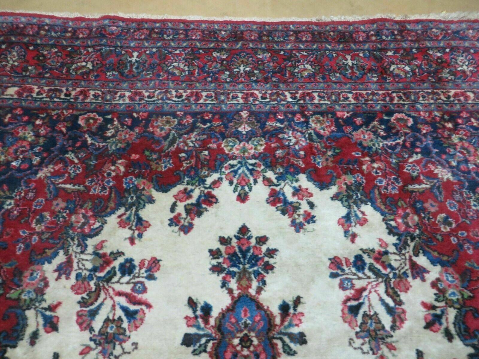 9x12 Persian Sarouk Rug - Semi Open Field Medallion Rug - Ivory Red Blue Hand Knotted Wool Oriental Carpet 9 x 12 Antique Rug - Vegetable Dyes - Jewel Rugs