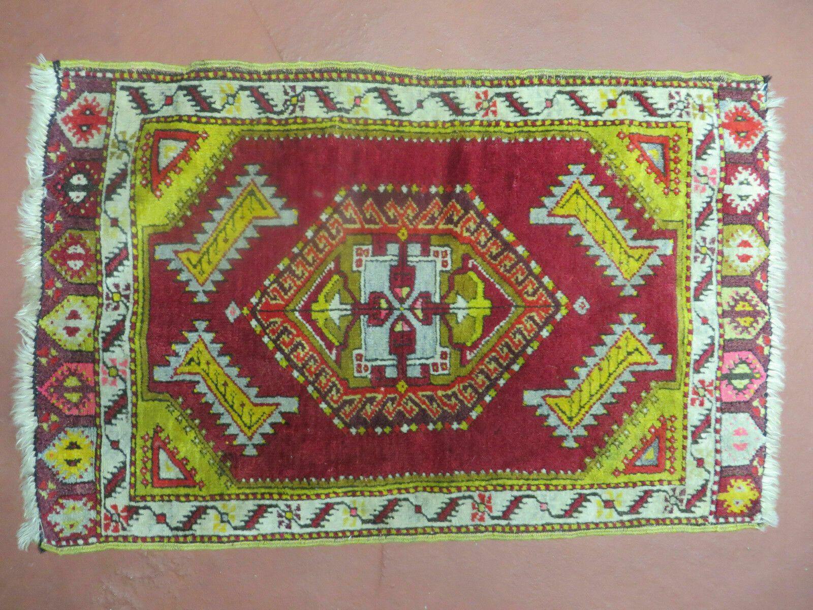Antique Turkish Yastik Rug 2x3, Handmade Wool Oushak Small Oriental Carpet Red - Jewel Rugs