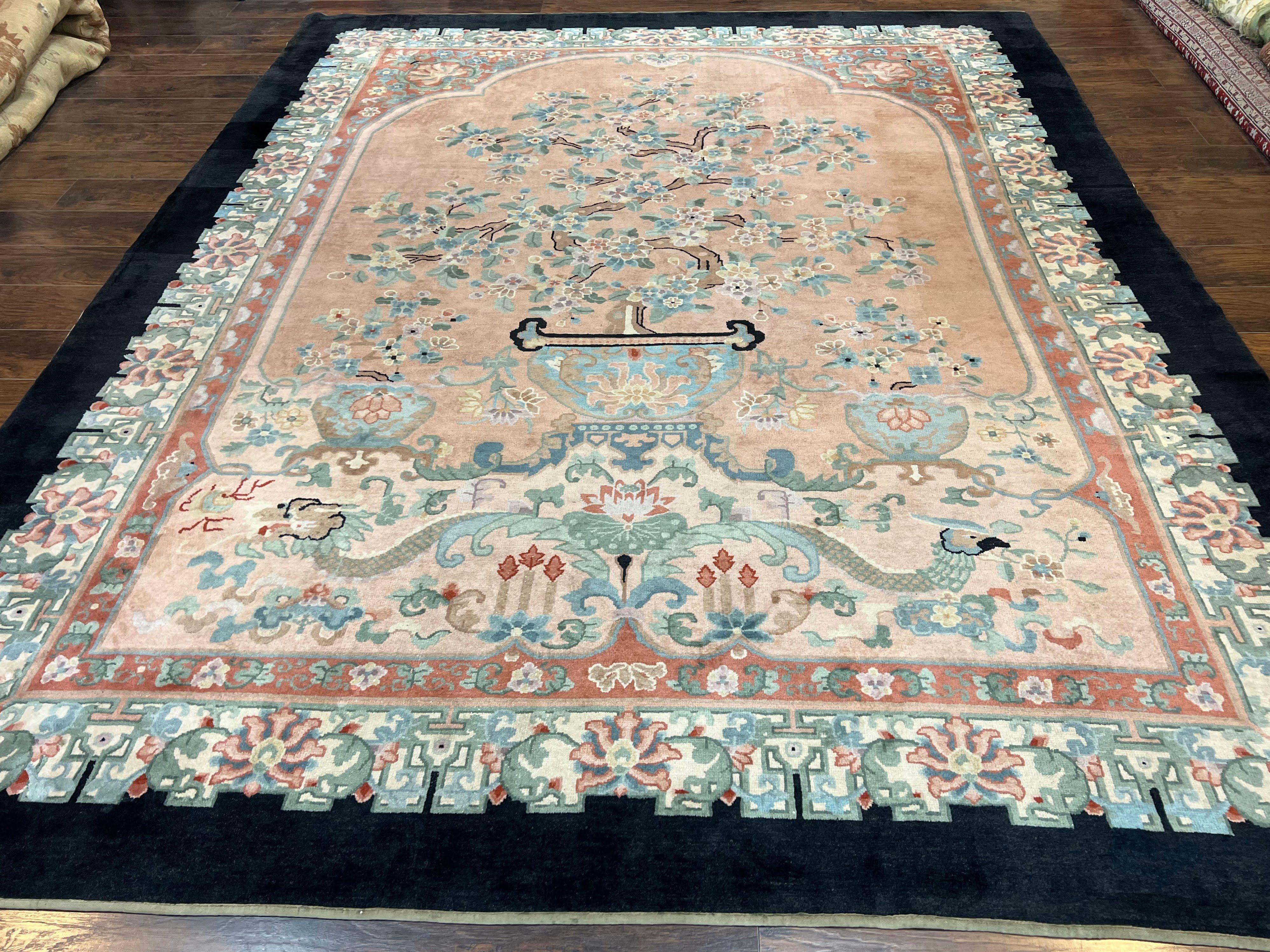 Antique Chinese Wool Rug 9x12, Chinese Peking Fete Carpet 9 x 12 ft, Pink Black Cream Light Blue, Handmade Hand Knotted Asian Art Deco Rug - Jewel Rugs