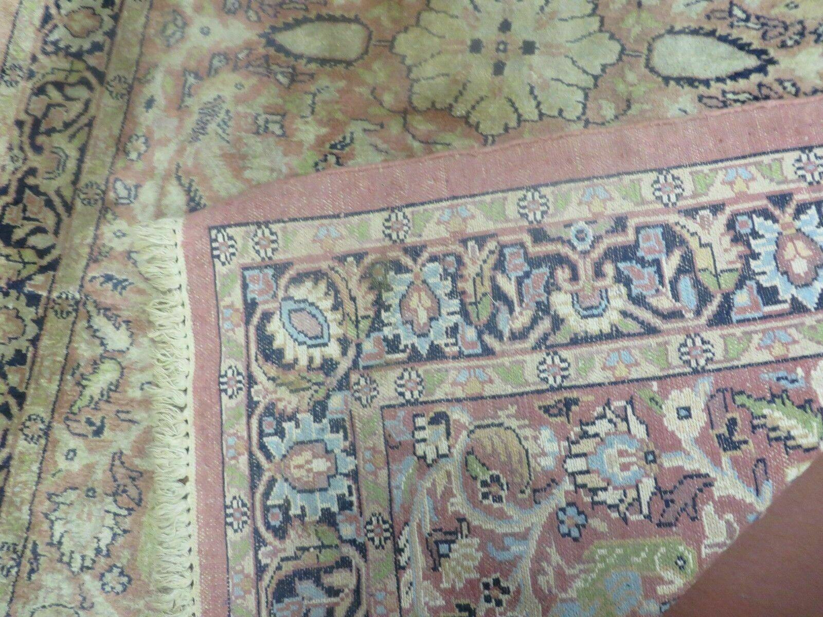 Indian Silk Rug 4x6, Indian Kashmiri Silk Carpet 4 x 6 ft, Vintage Hand Knotted Floral Bird Motifs, Light Pink and Navy Blue, Silk on Cotton - Jewel Rugs