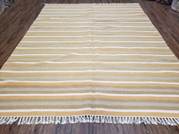 New Indian Kilim Area Rug, 6x8 - 7x8 South American Style Blanket, Striped Indian Wool Hand-Woven Flat Weave 6x9 Bedroom Rug, Ivory Ochre - Jewel Rugs