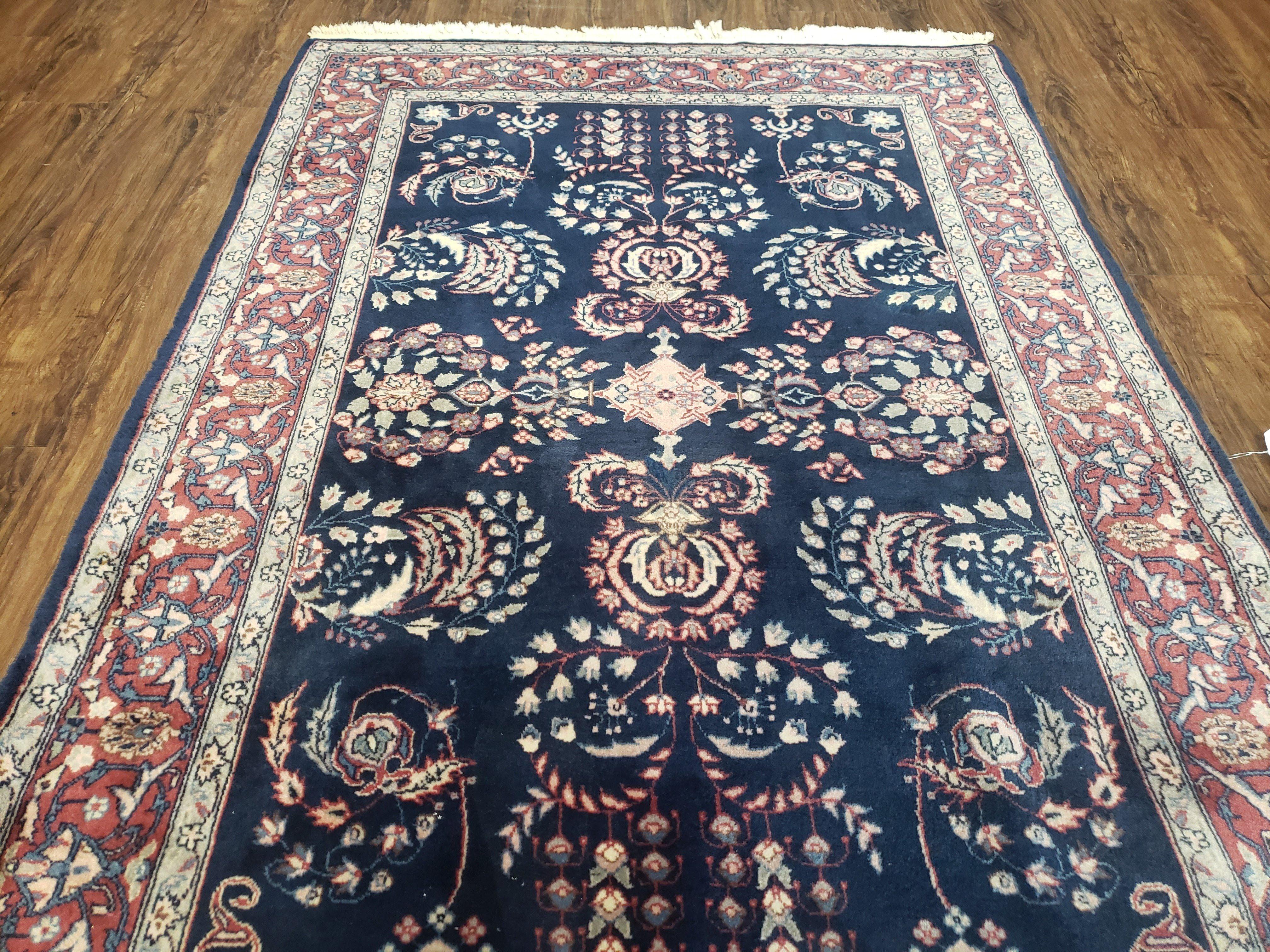 Dark Blue Indo Persian Rug 4x6, Medium Size Hand Knotted Oriental Carpet, Traditional Floral Indian Rug, Blue and Red Entryway Rug, Wool Rug - Jewel Rugs