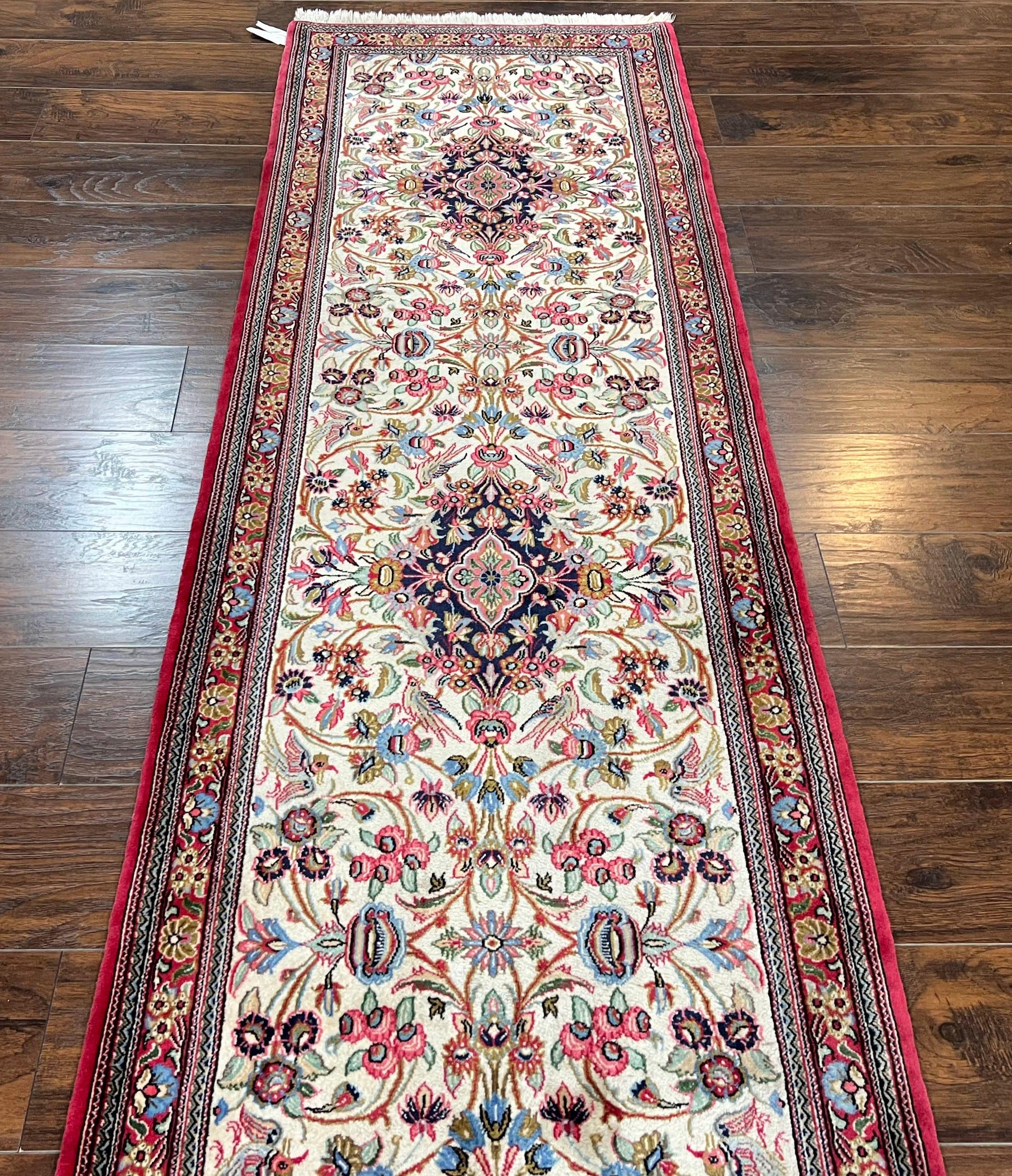 Wonderful Persian Qum Runner Rug 2.8 x 10 ft, Floral Medallions with Bird Motifs, Hand Knotted Wool Fine Oriental 10ft Hallway Runner, Cream Red - Jewel Rugs
