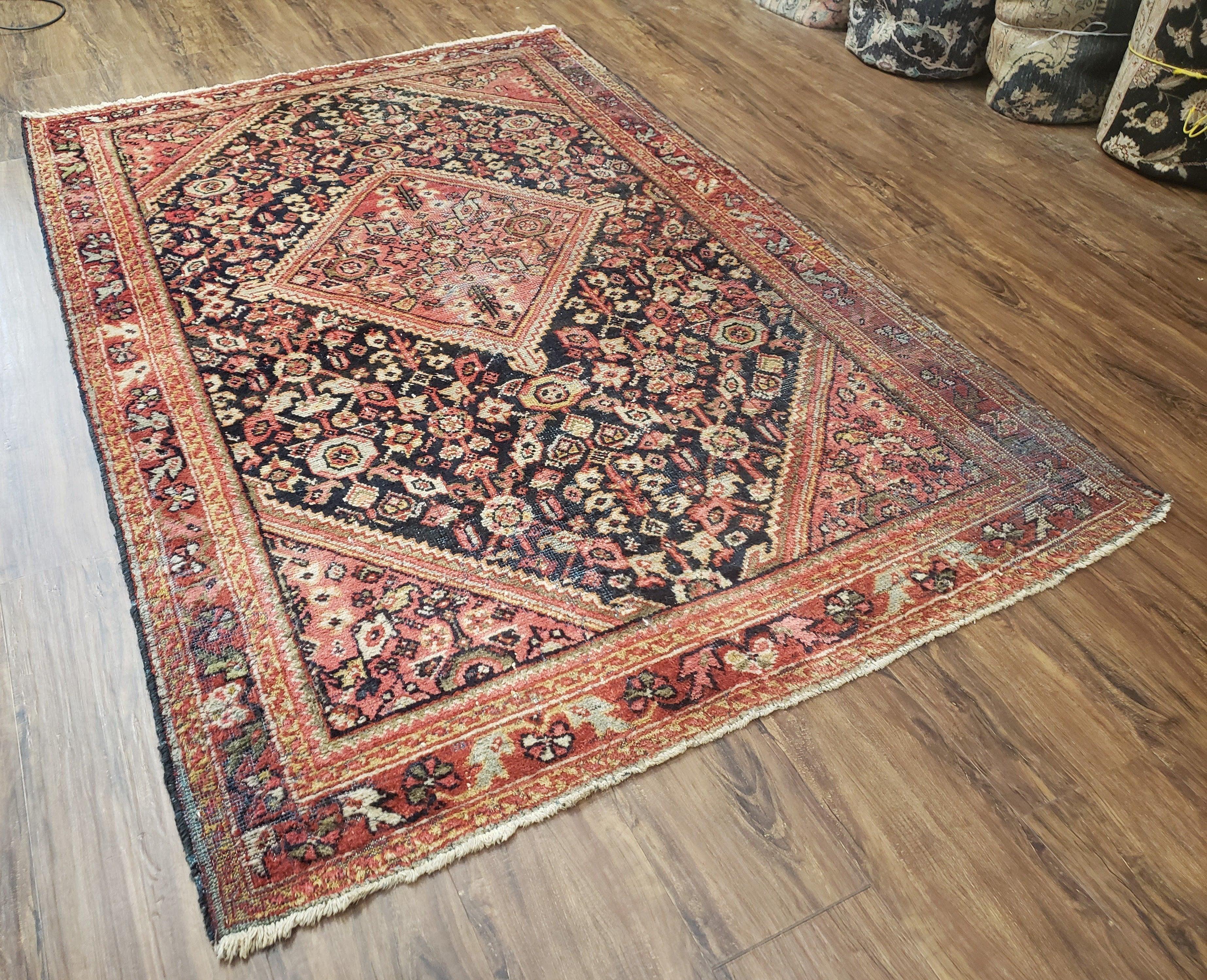 Antique Persian Mahal Area Rug 4.4 x 6.6, Wool Hand-Knotted Shabby Chic Oriental Rug, Red Black 1930s Foyer Room Carpet, Low Pile Boho Rug - Jewel Rugs