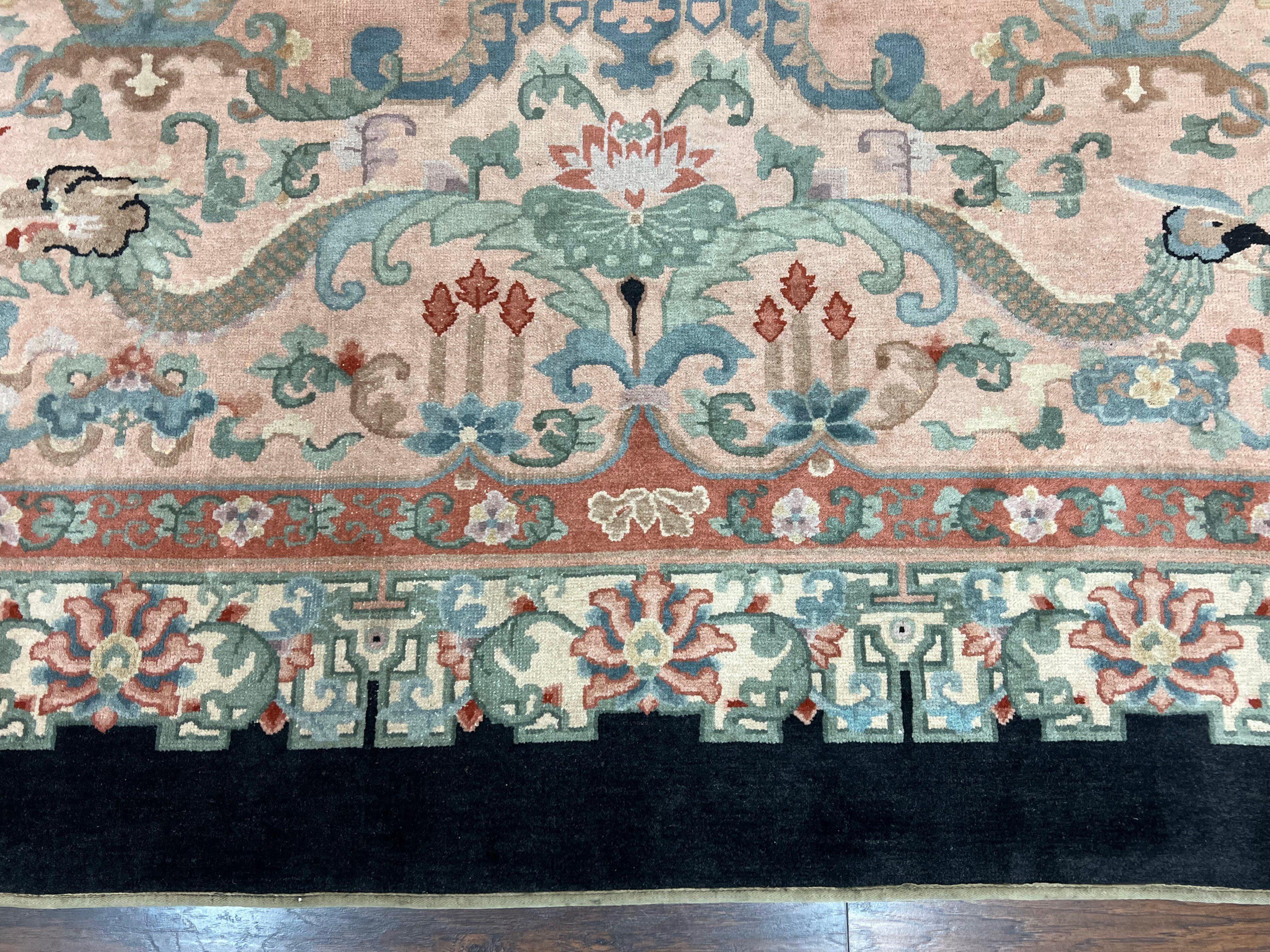 Antique Chinese Wool Rug 9x12, Chinese Peking Fete Carpet 9 x 12 ft, Pink Black Cream Light Blue, Handmade Hand Knotted Asian Art Deco Rug - Jewel Rugs
