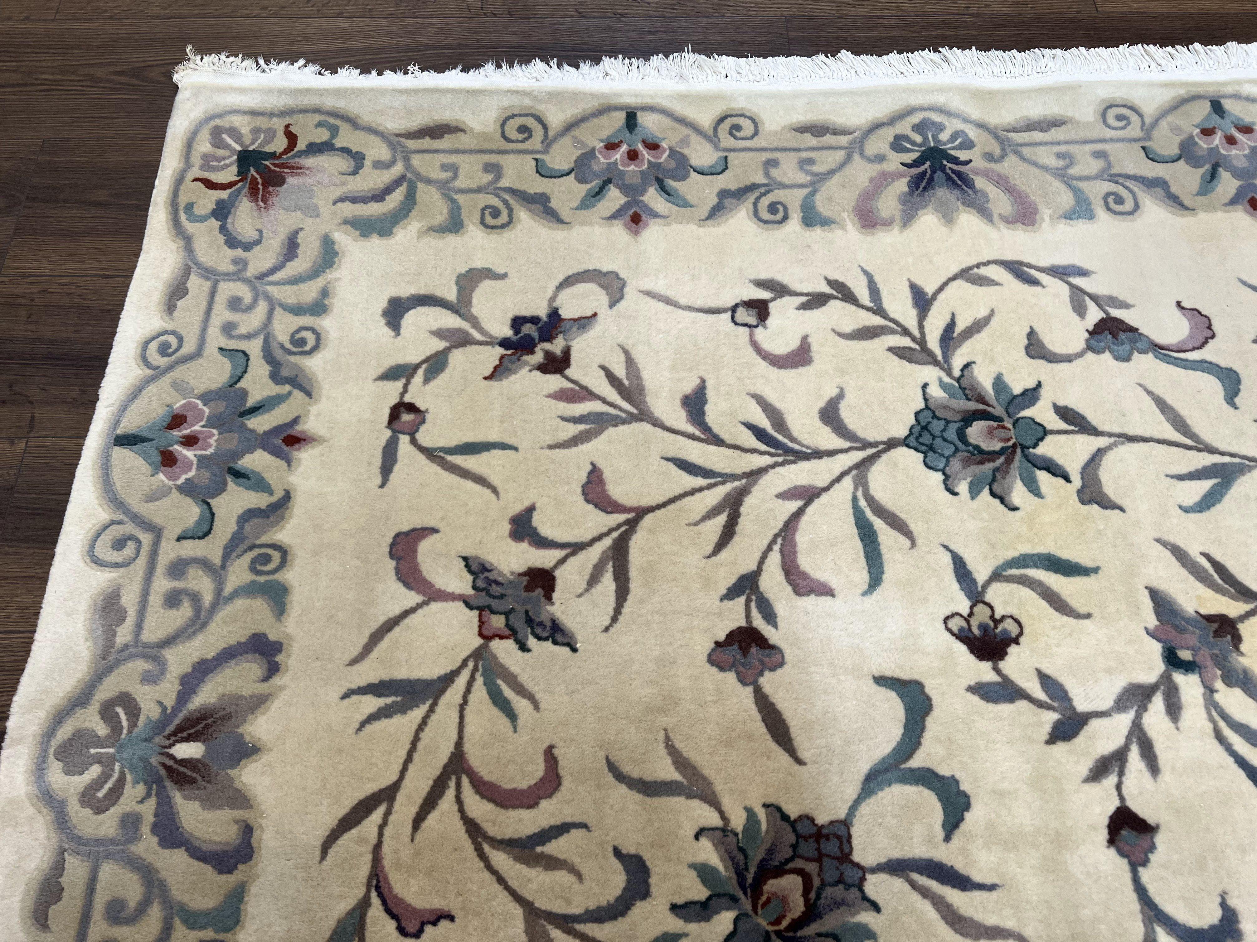 Vintage Chinese Rug 6x9, Chinese 120 Line Rug, Asian Oriental Carpet, Ivory/Beige and Teal, Floral Design, Soft Plush Wool Rug Handmade - Jewel Rugs