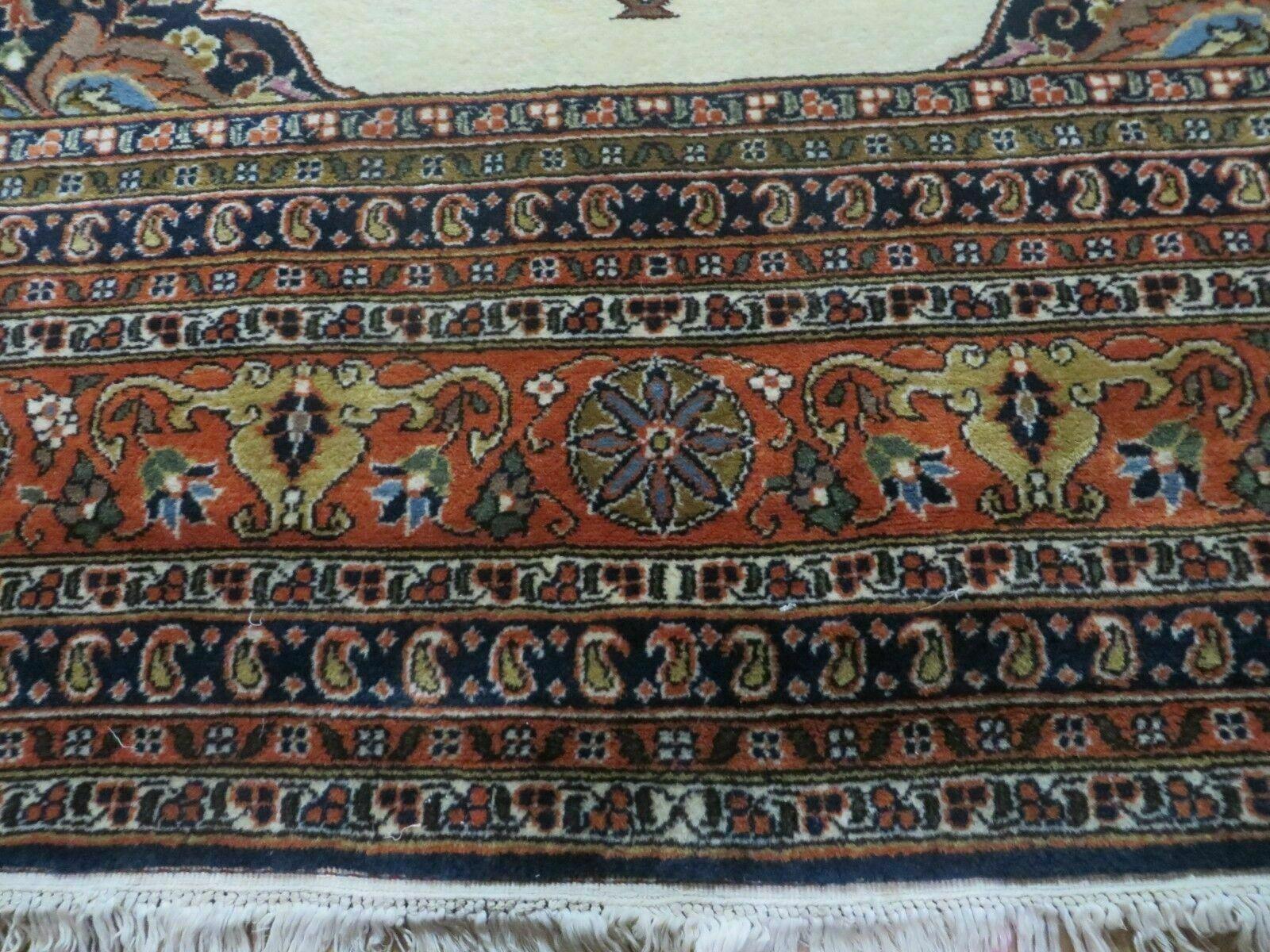 Indo Persian Rug 9x12, Semi Open Field Medallion, Ivory Tomato Red Navy Blue, Hand Knotted Indian Oriental Wool Carpet 9 x 12 ft, Room Sized - Jewel Rugs