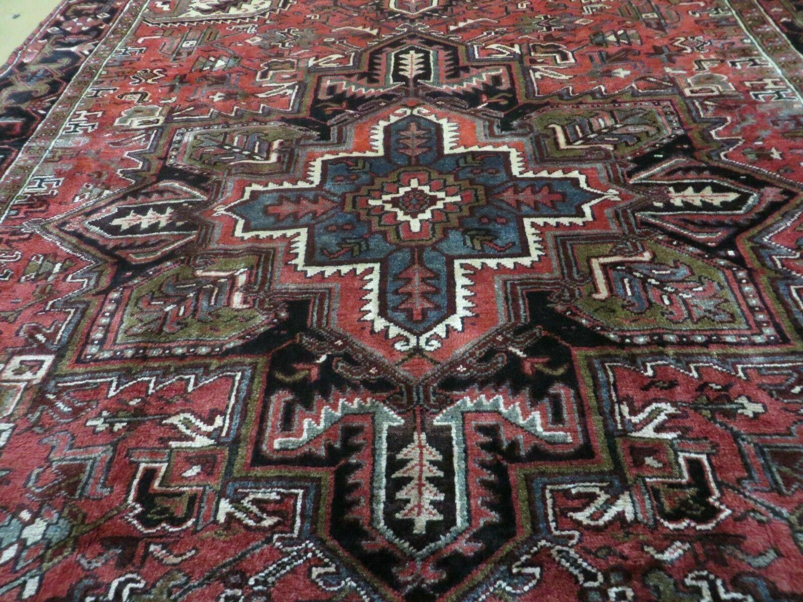 Persian Heriz Rug 8x12 Semi Antique Heriz Carpet, Room Sized Persian Carpet, Geometric Medallion, Wool, Hand Knotted, Red Ivory Dark Blue - Jewel Rugs