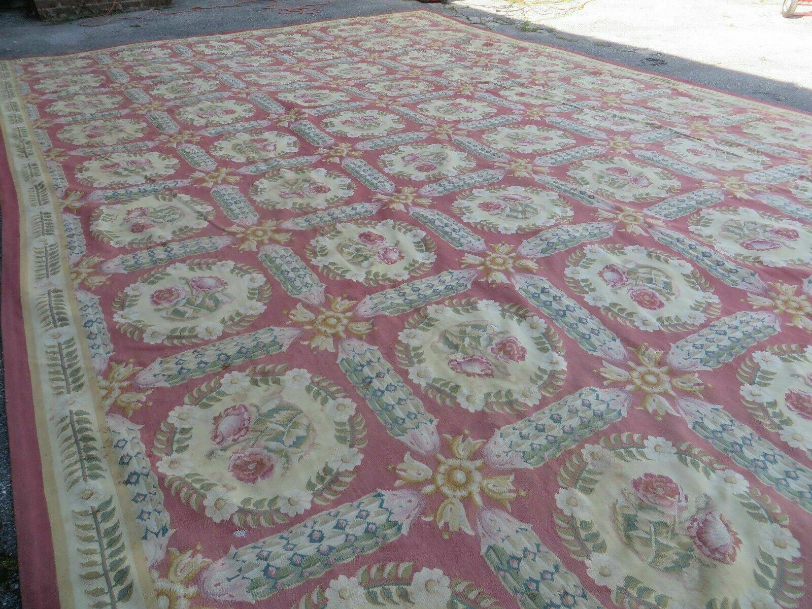 Palace Sized Aubusson Rug 13 x 20 ft, Oversized Handwoven Handmade Panel Design French Aubusson Carpet, Extra Large Wool Flatweave Rose Color - Jewel Rugs