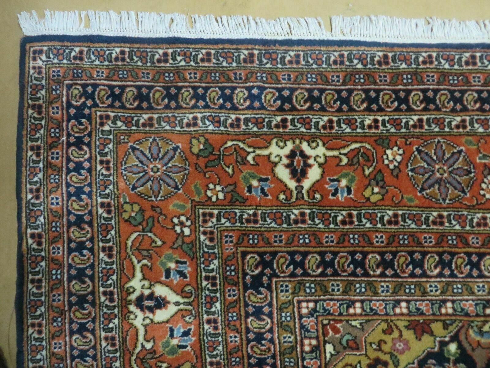 Indo Persian Rug 9x12, Semi Open Field Medallion, Ivory Tomato Red Navy Blue, Hand Knotted Indian Oriental Wool Carpet 9 x 12 ft, Room Sized - Jewel Rugs