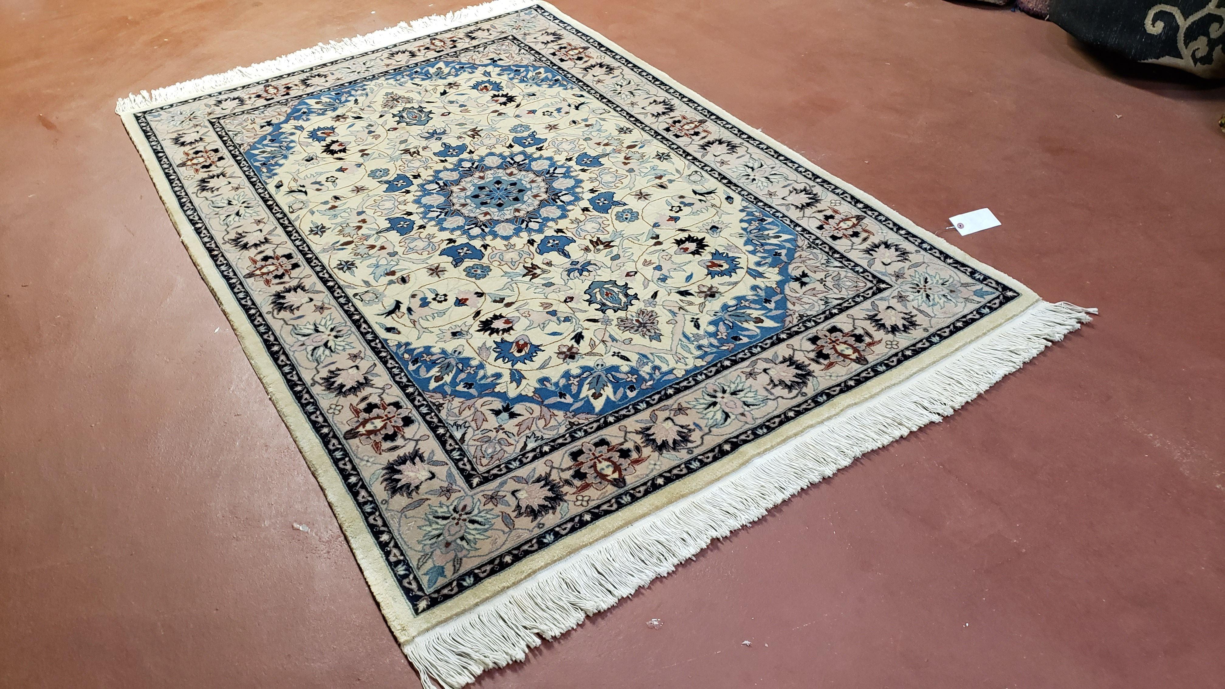 Sino Persian Rug 4x6, Ivory and Blue, Vintage Handmade Wool Oriental Carpet - Jewel Rugs