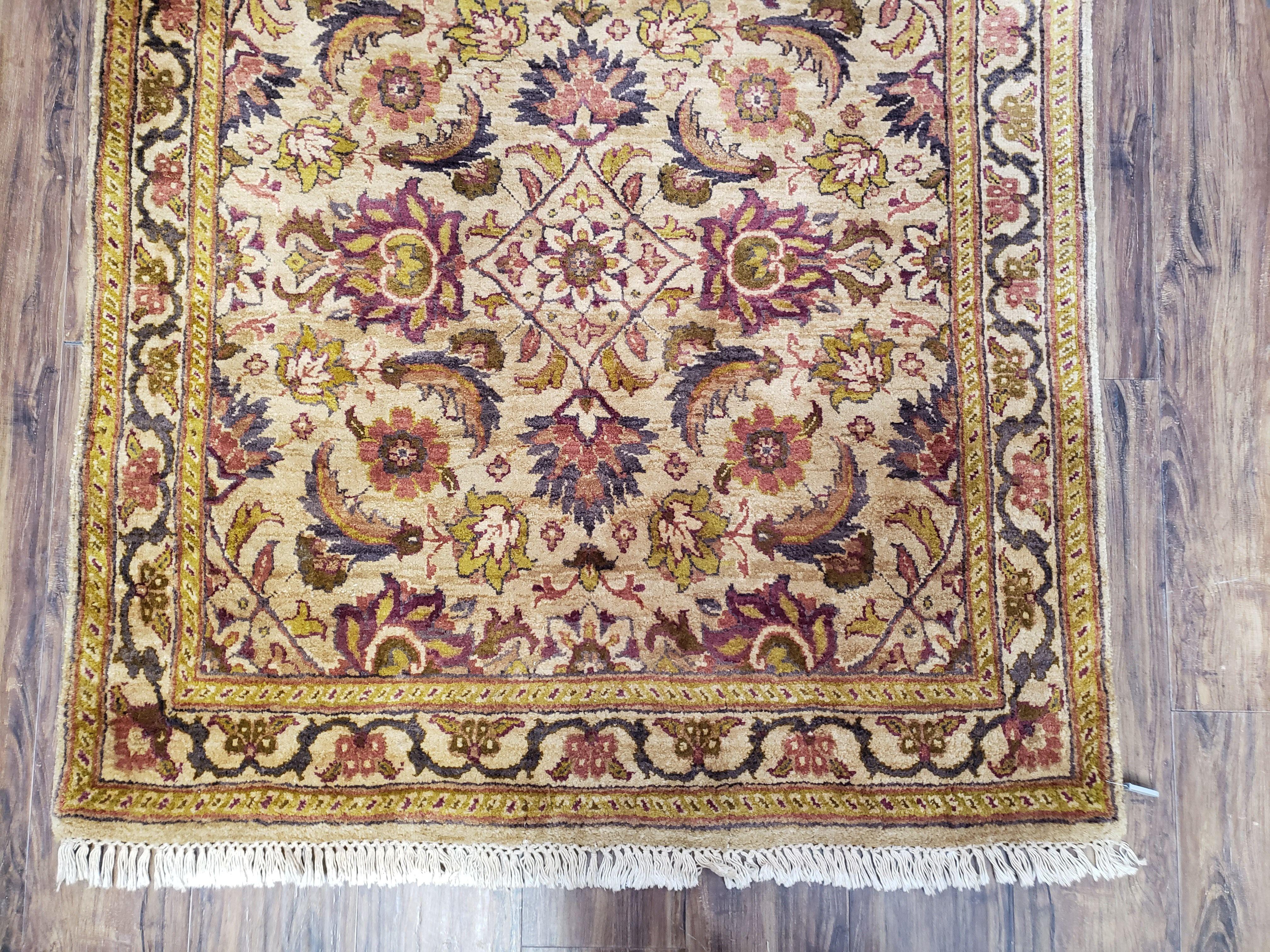Indian Runner Rug 4x10, Handmade Hand Knotted Wool Oriental Runner Rug 4 x 10 Wide Runner, Vintage Corridor Hallway Runner, Tan Gold Floral - Jewel Rugs