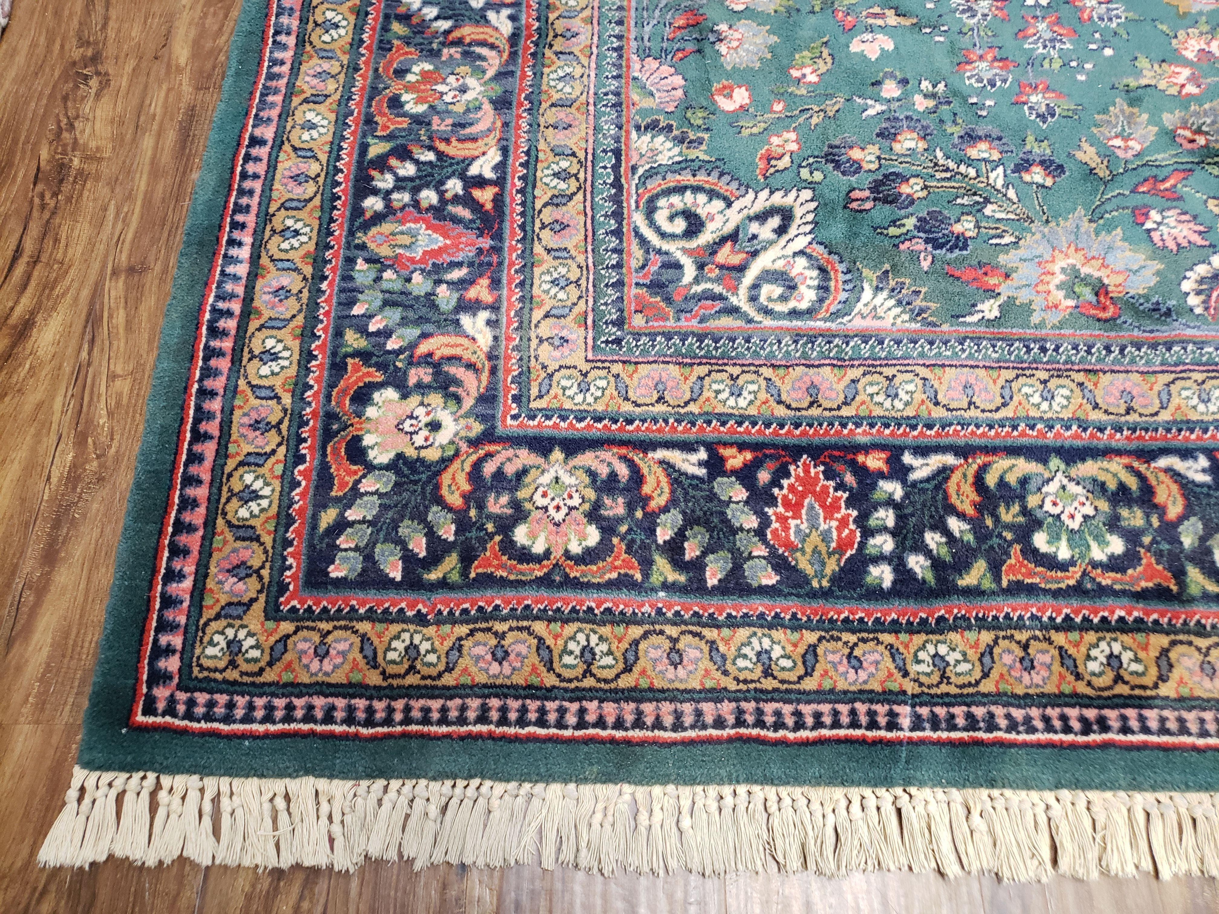 Vintage Traditional Oriental Rug, Pine Green & Midnight Blue Carpet, Louis de Poortere, 8x11 Belgium Power-Loomed Rug, Allover Floral Design - Jewel Rugs